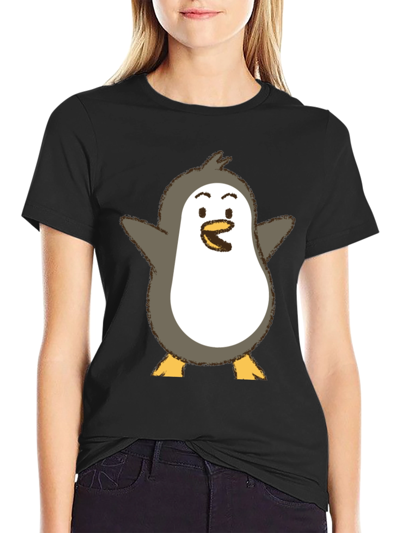 Cute Penguin Graphic Print Black T-Shirt