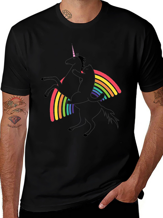 Unicorn & Cat Rainbow Graphic Black T-Shirt
