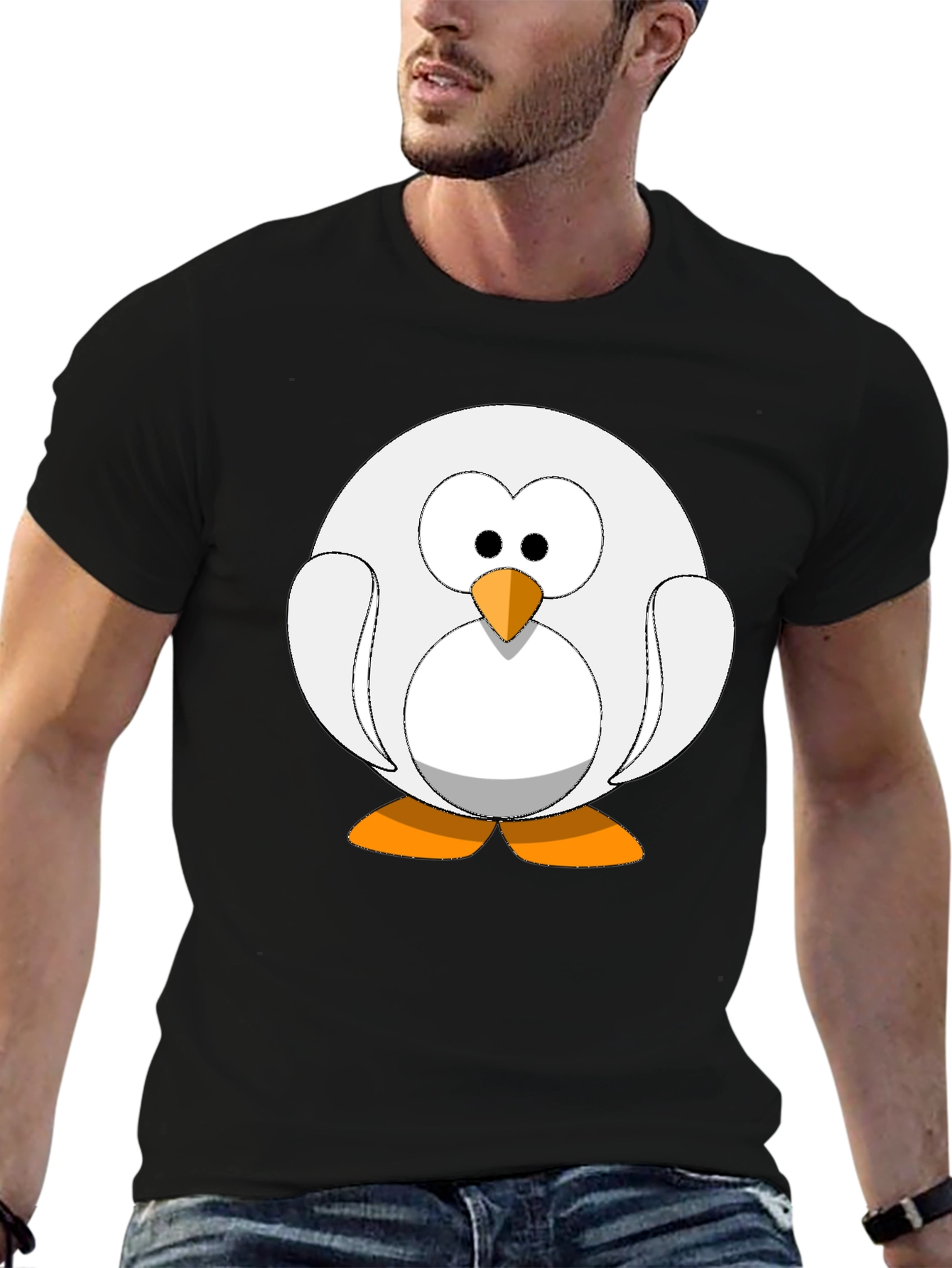 Cartoon Penguin Graphic Tee - Black Cotton Blend Shirt
