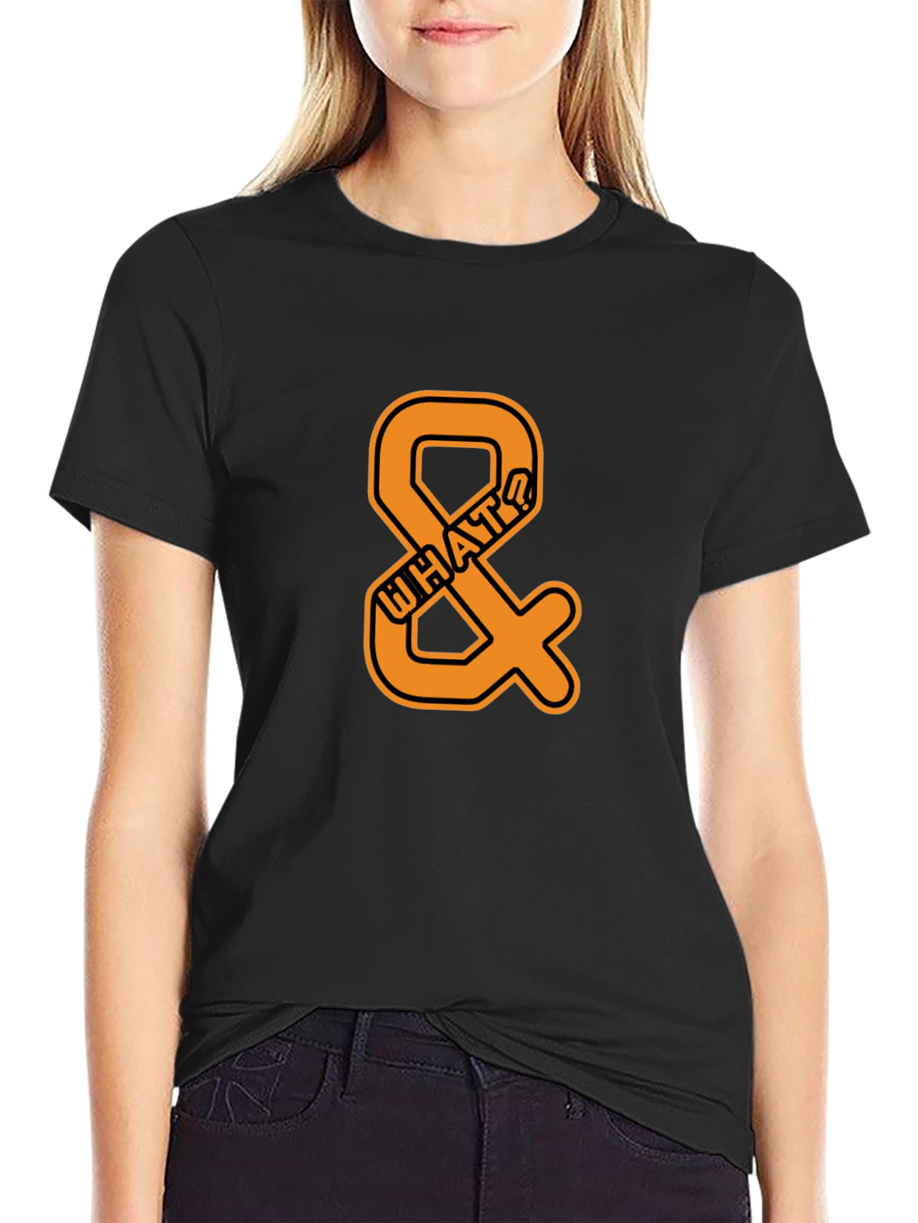 Mens Black T-Shirt with Orange WHAT? Ampersand Design