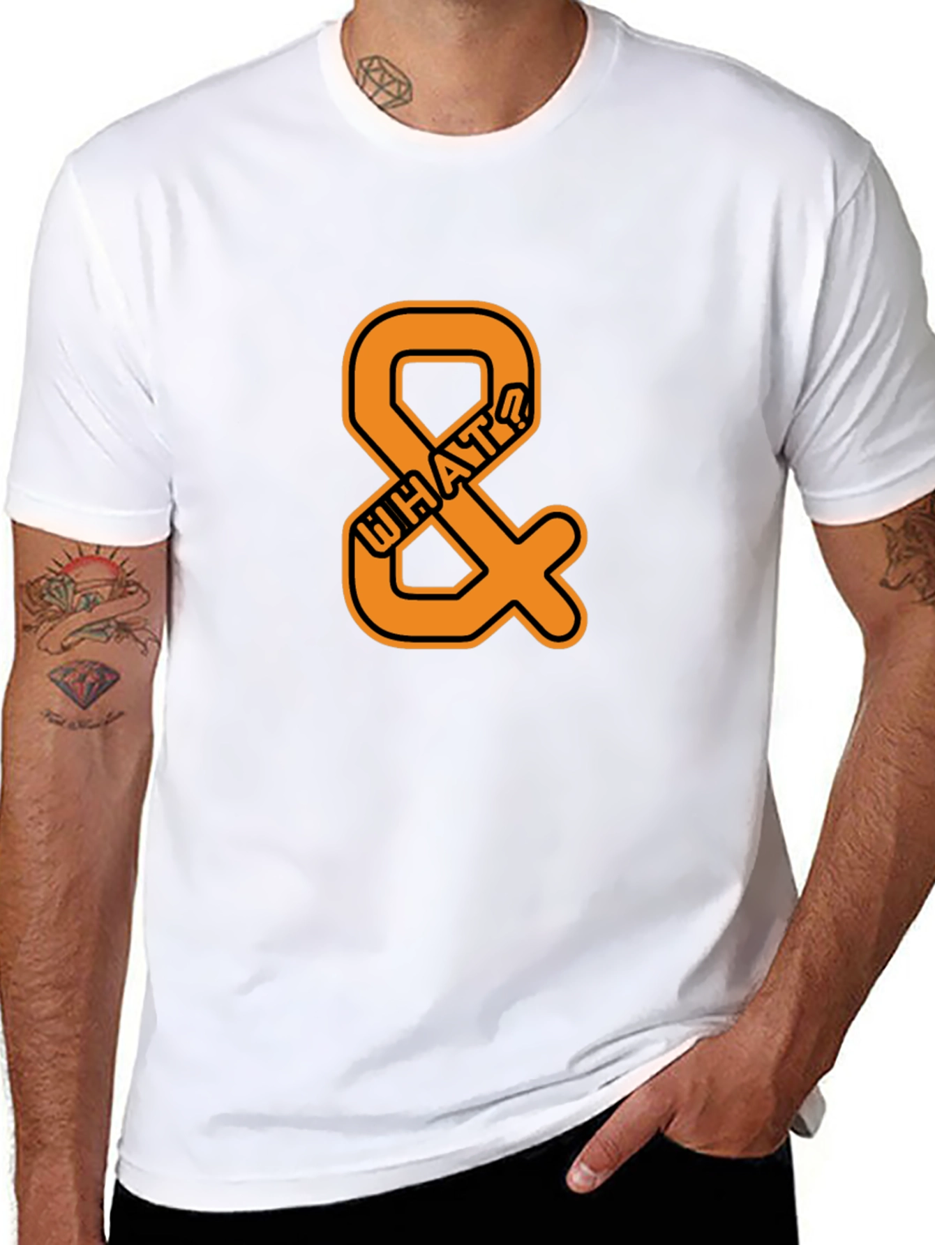 Mens Black T-Shirt with Orange WHAT? Ampersand Design