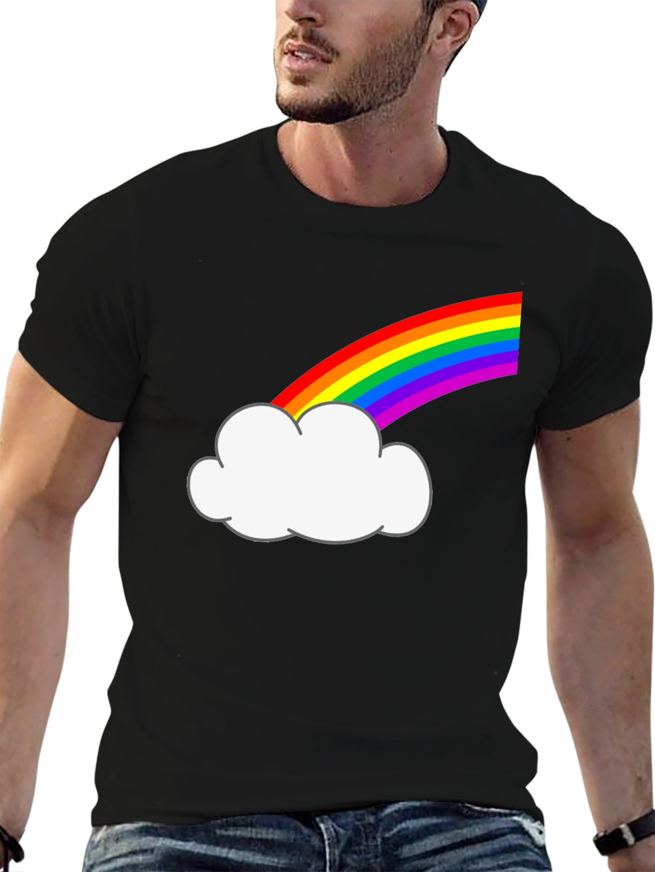 Rainbow Cloud Graphic Tee - Black Cotton T-Shirt