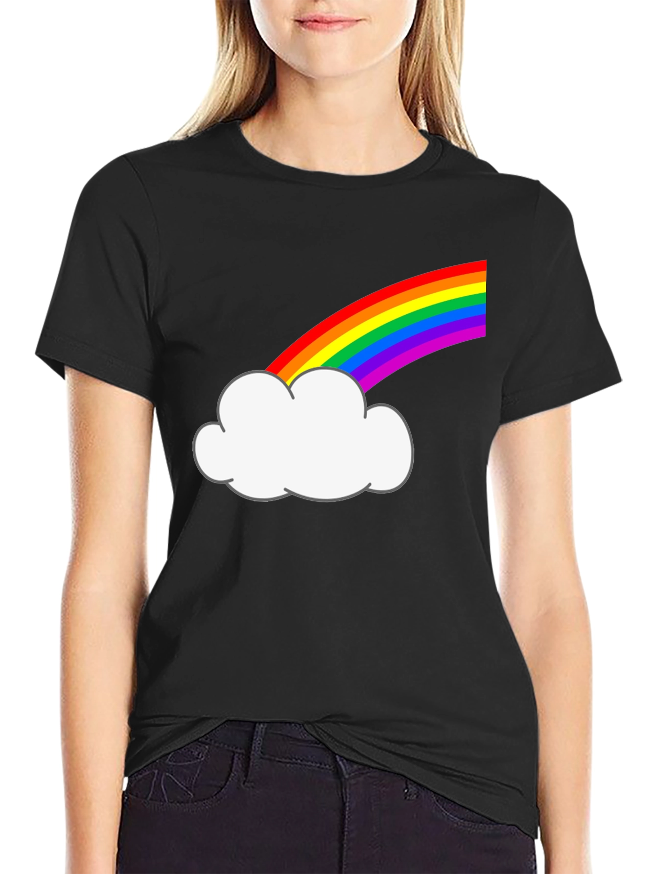 Rainbow Cloud Graphic Tee - Black Cotton T-Shirt