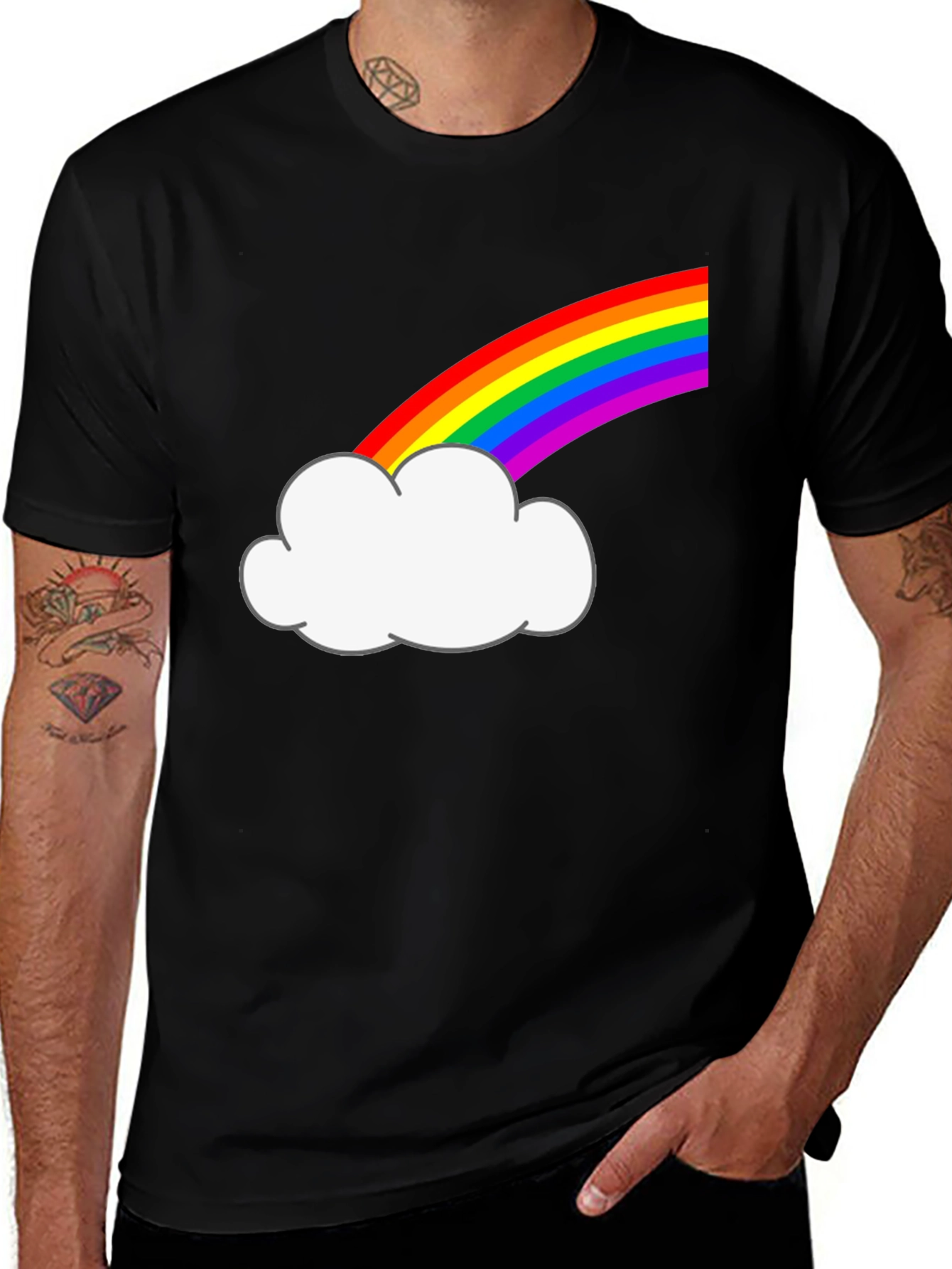 Rainbow Cloud Graphic Tee - Black Cotton T-Shirt