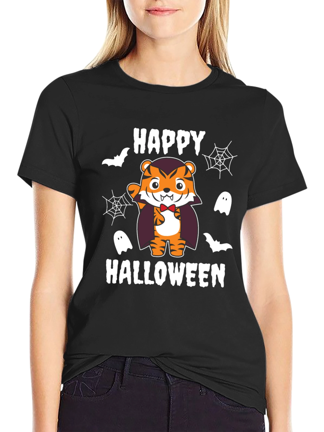 Happy Halloween Tiger Vampire Black T-Shirt