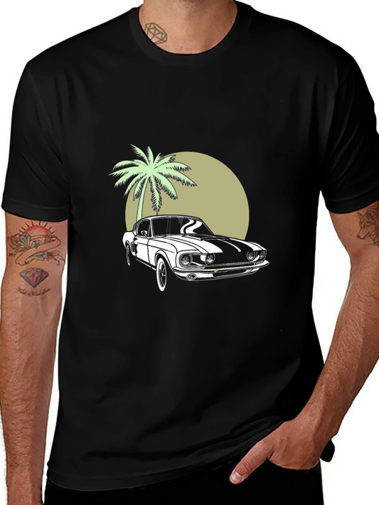 Retro Car & Palm Tree Graphic Tee - Black