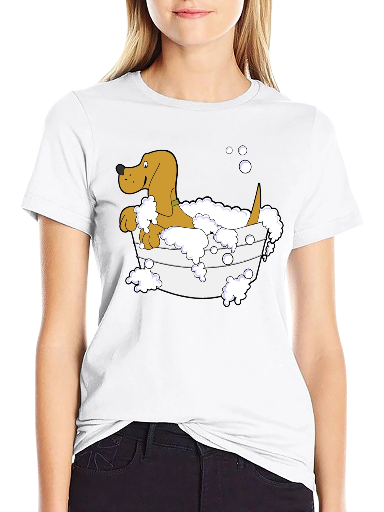Cartoon Dog in Tub Black T-Shirt