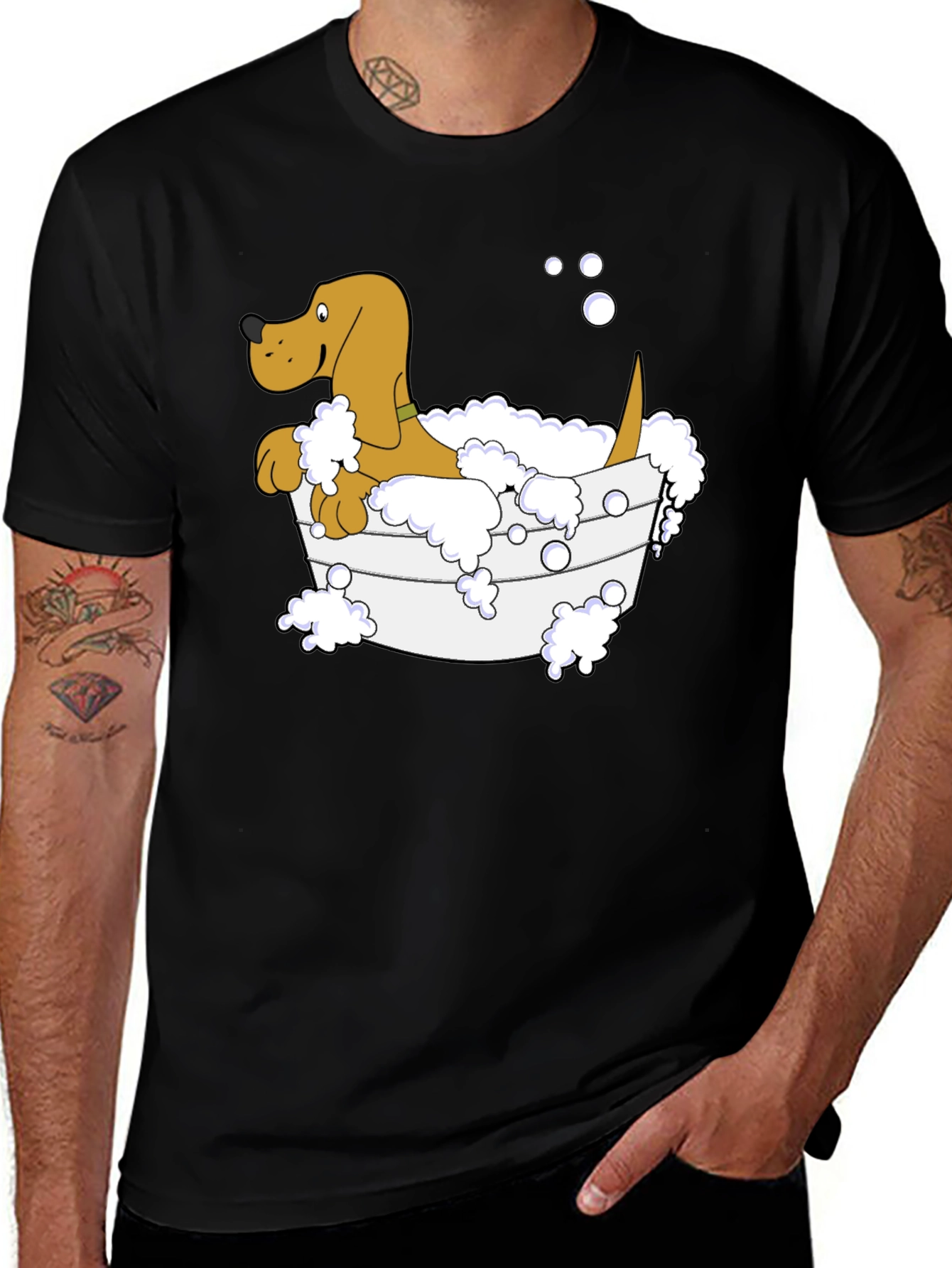 Cartoon Dog in Tub Black T-Shirt