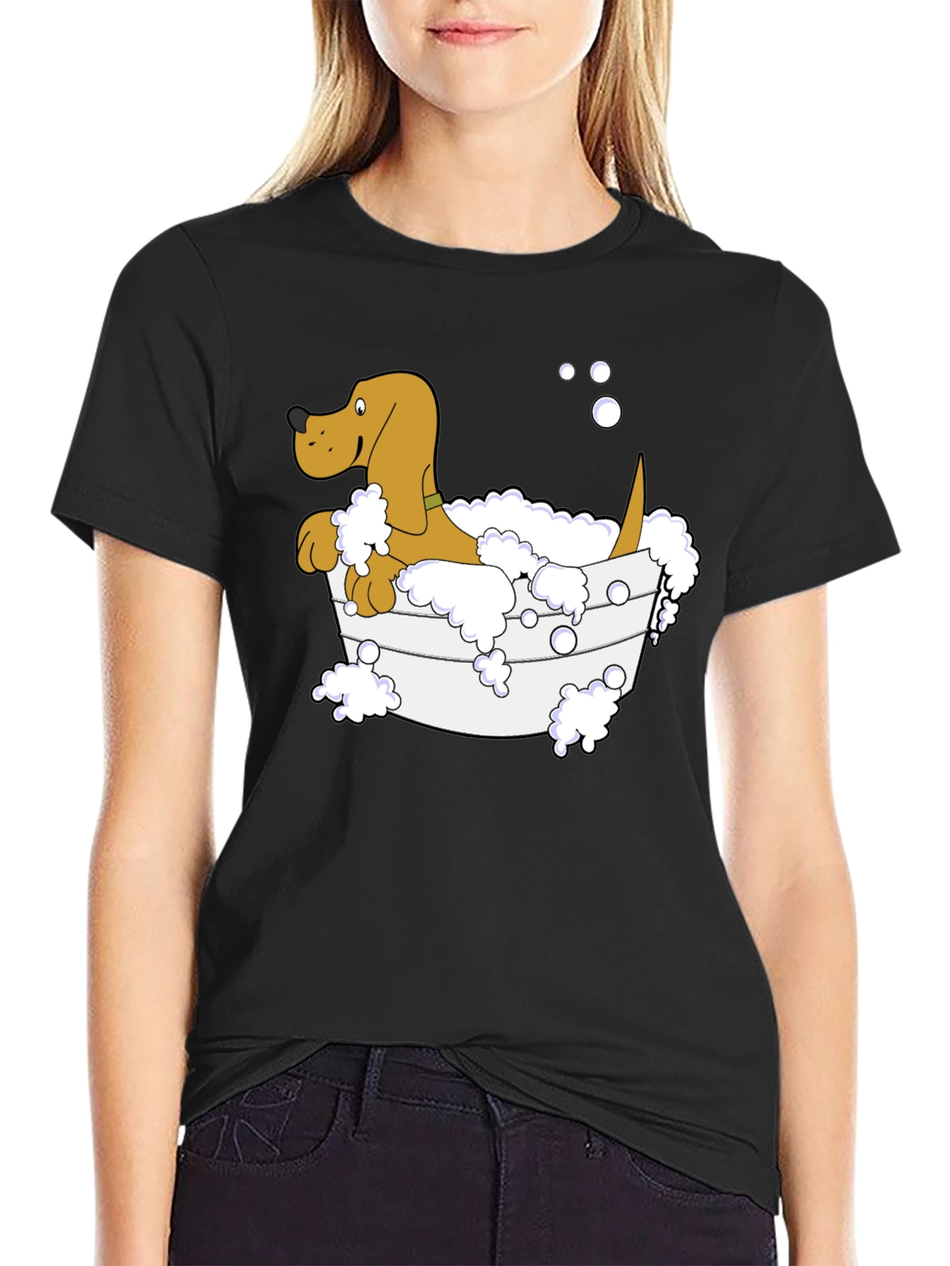 Cartoon Dog in Tub Black T-Shirt