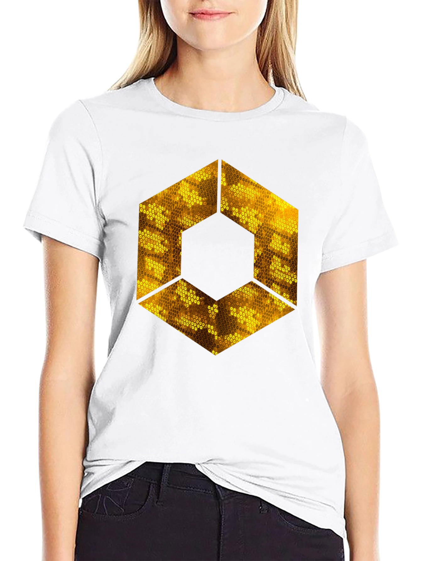 Golden Hexagon Graphic Tee - Stylish Mens Black T-Shirt