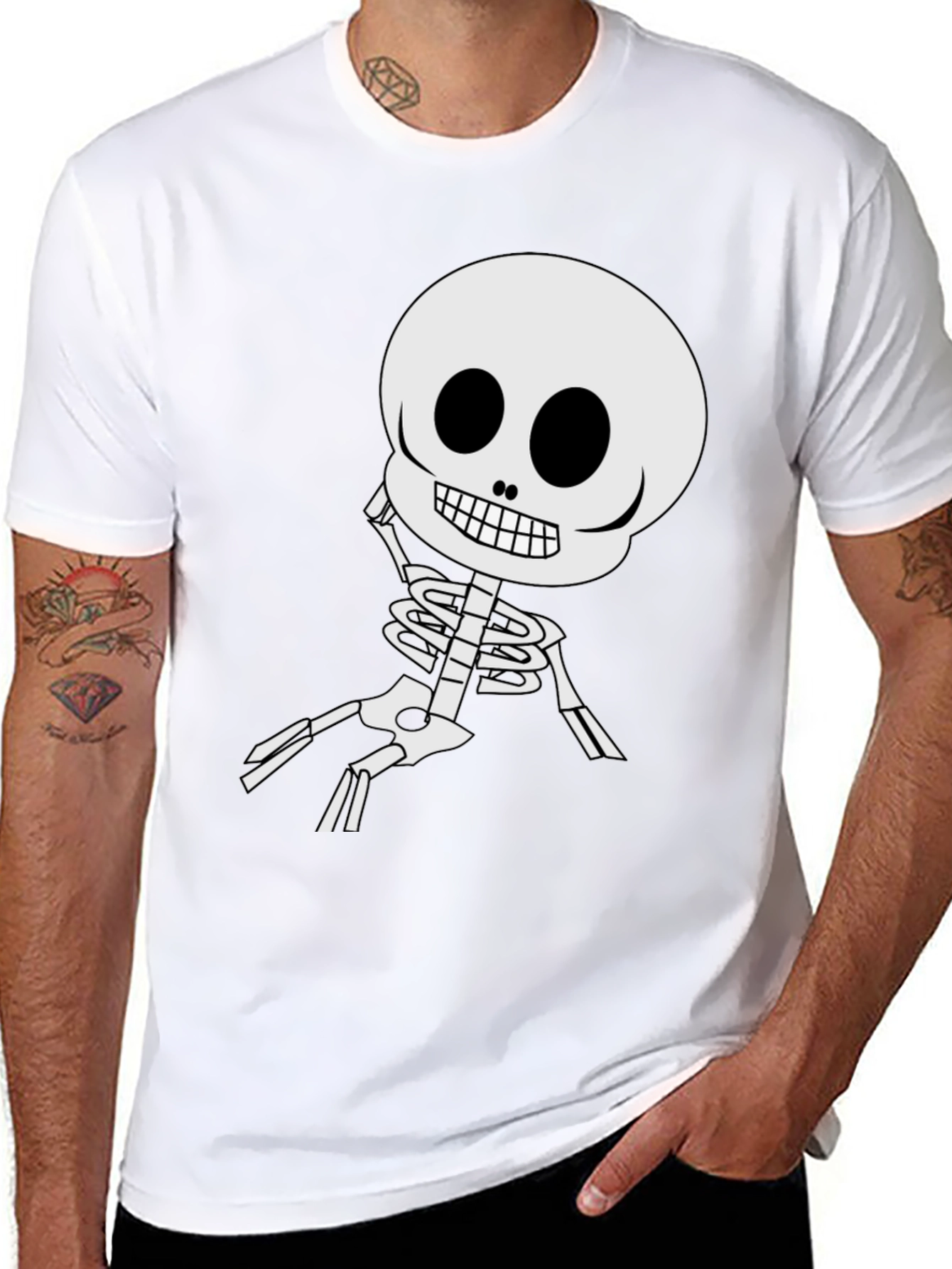 Cartoon Skeleton Graphic Tee - Black Cotton Blend