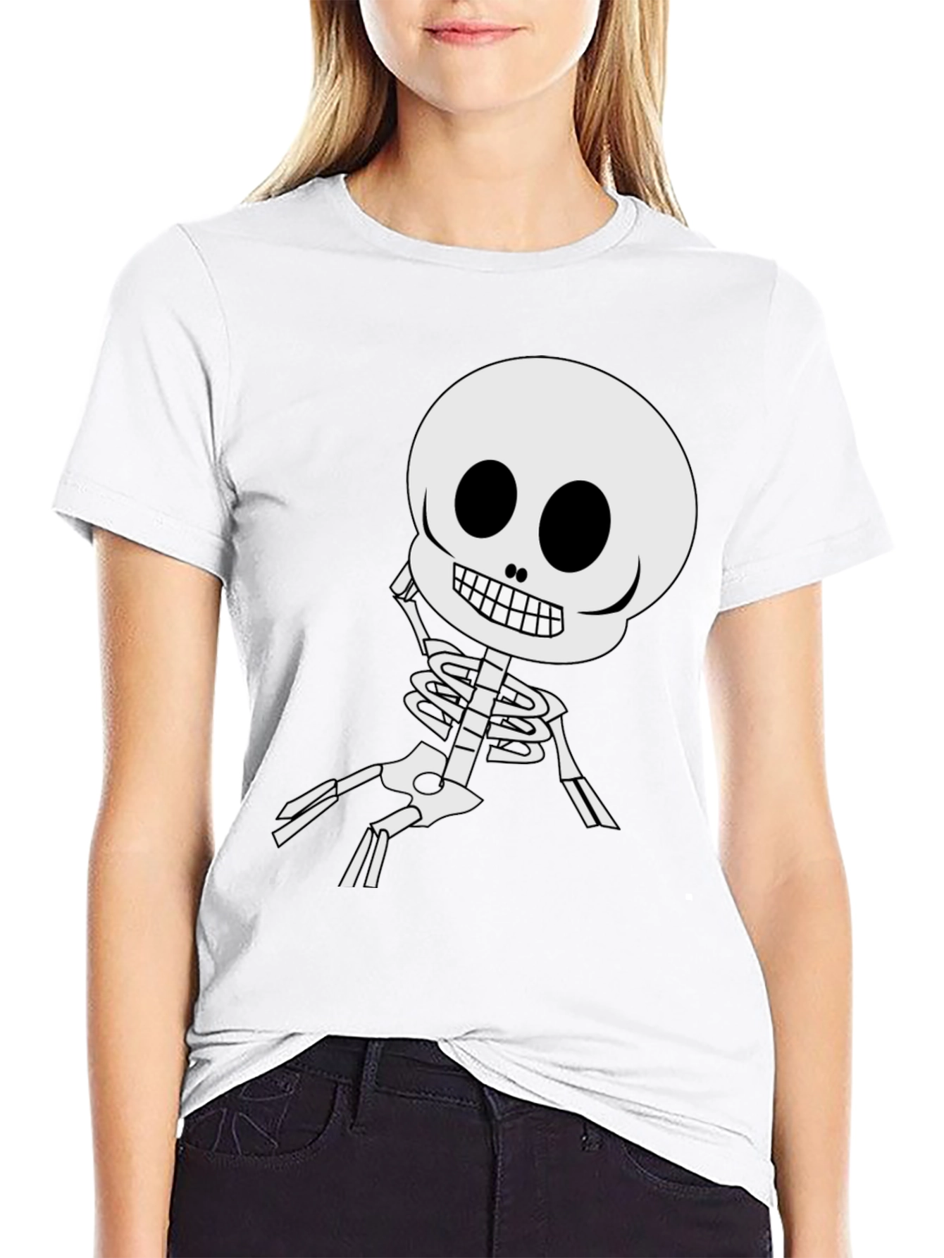 Cartoon Skeleton Graphic Tee - Black Cotton Blend