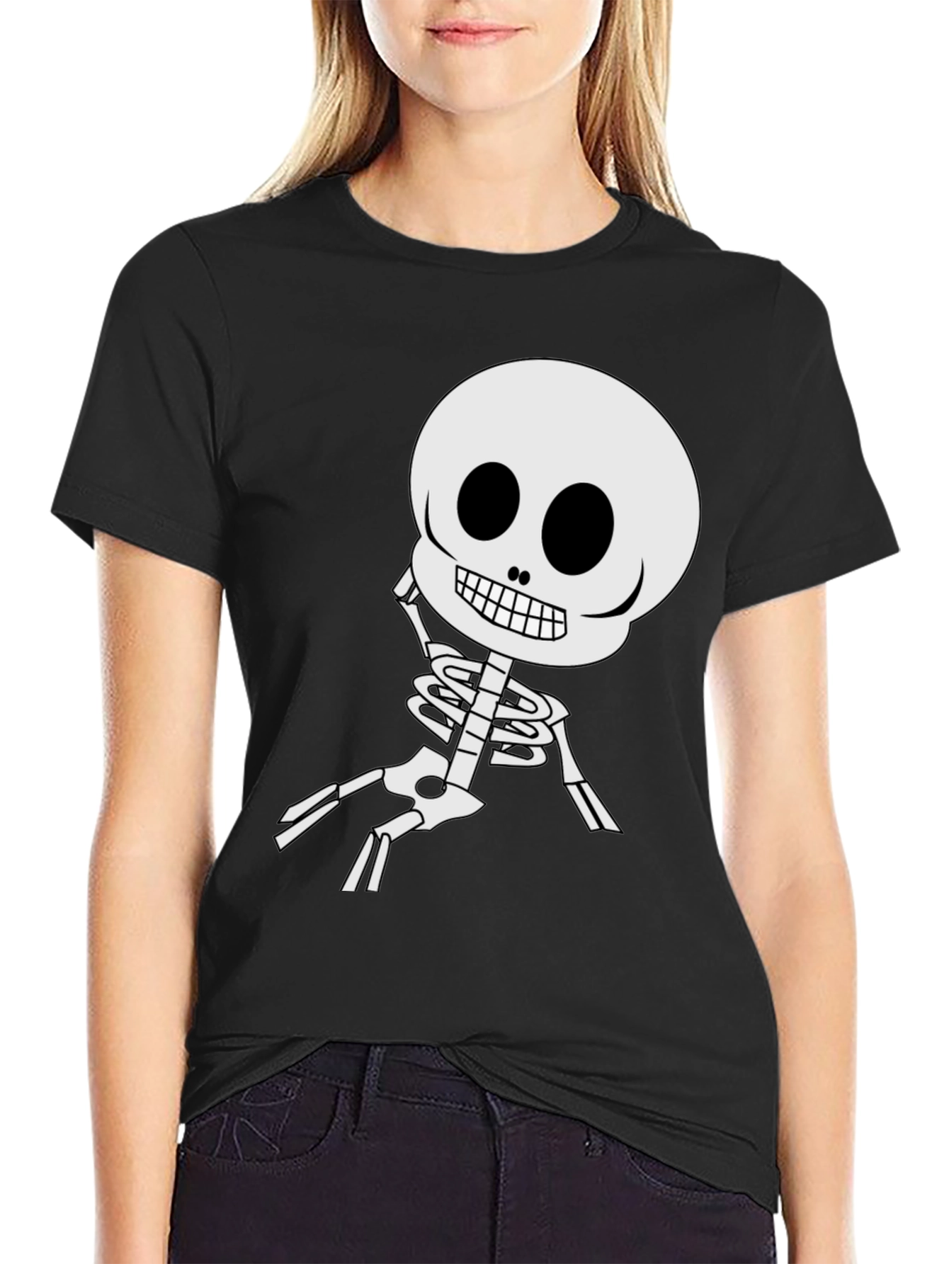 Cartoon Skeleton Graphic Tee - Black Cotton Blend