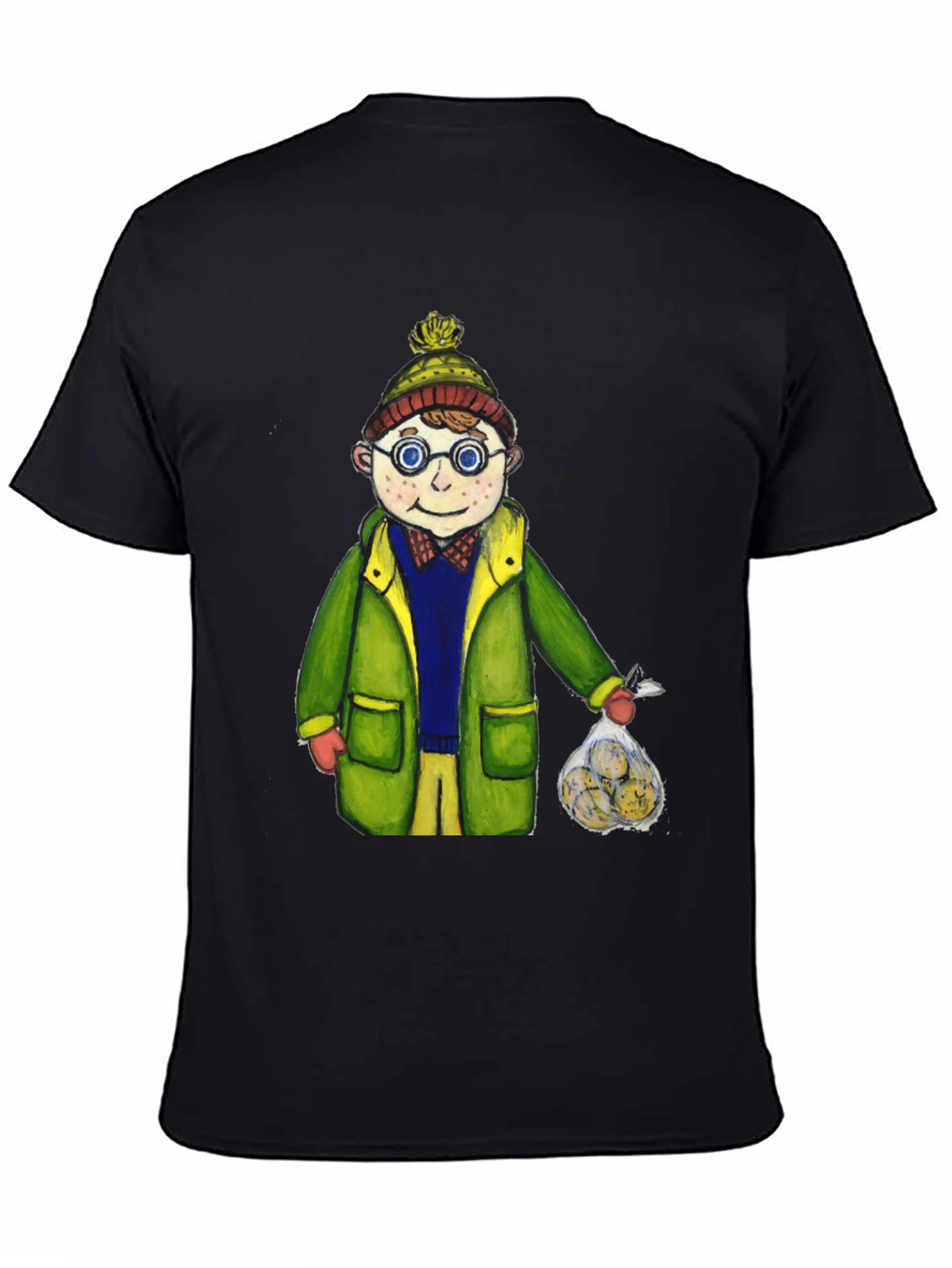Fun Cartoon Boy in Winter Gear Black T-Shirt