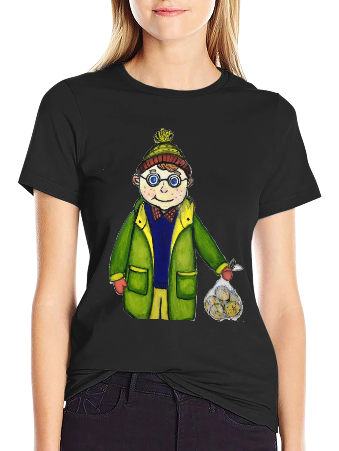 Fun Cartoon Boy in Winter Gear Black T-Shirt