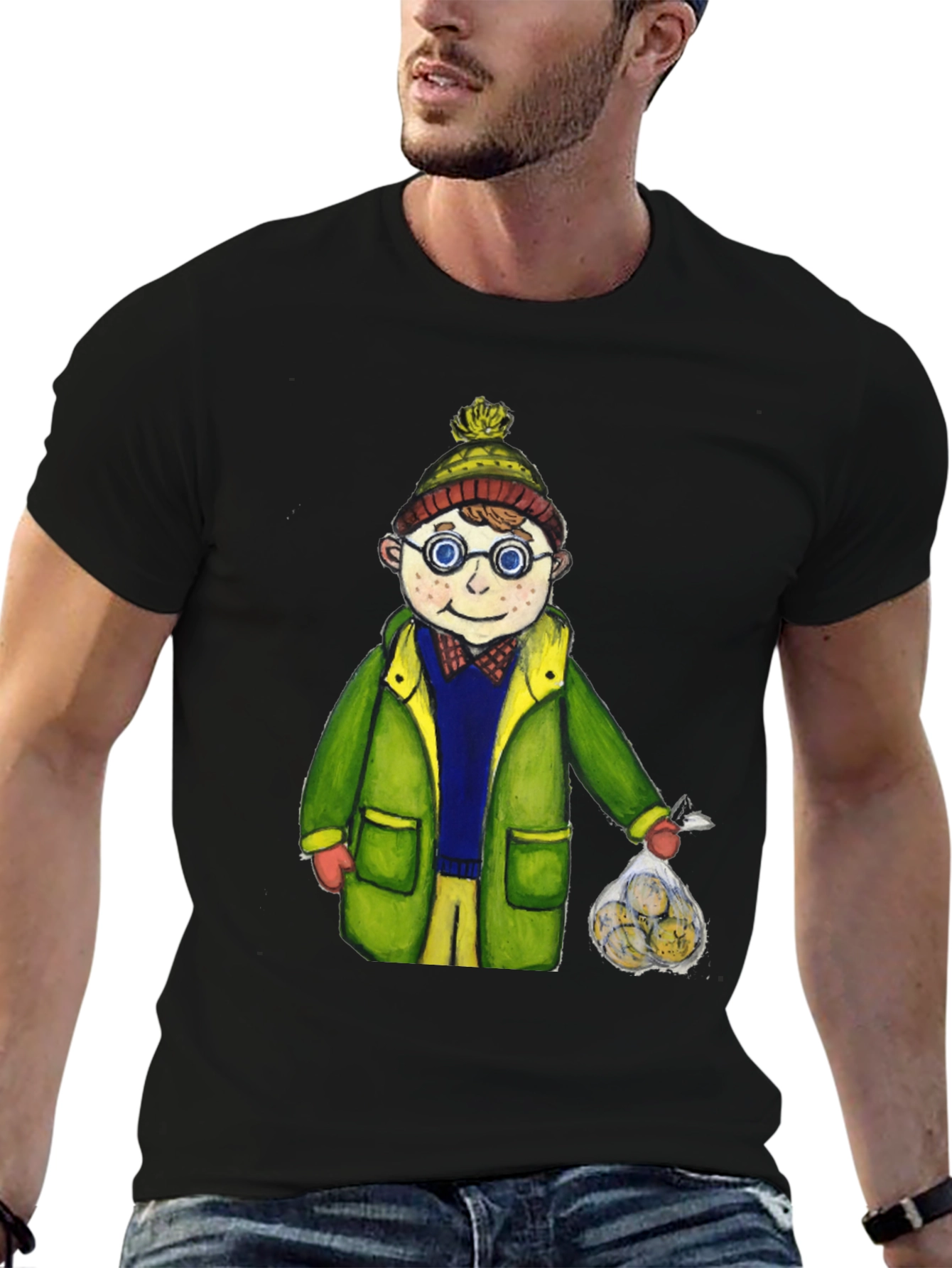 Fun Cartoon Boy in Winter Gear Black T-Shirt