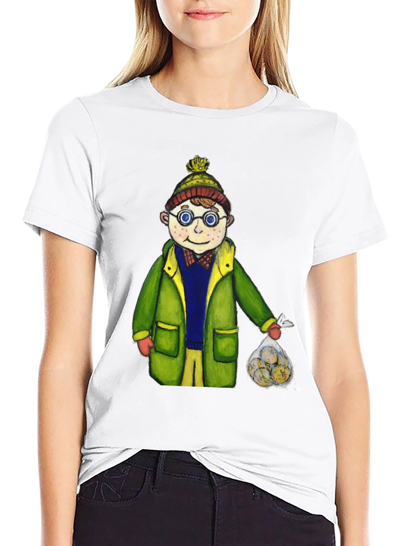 Fun Cartoon Boy in Winter Gear Black T-Shirt