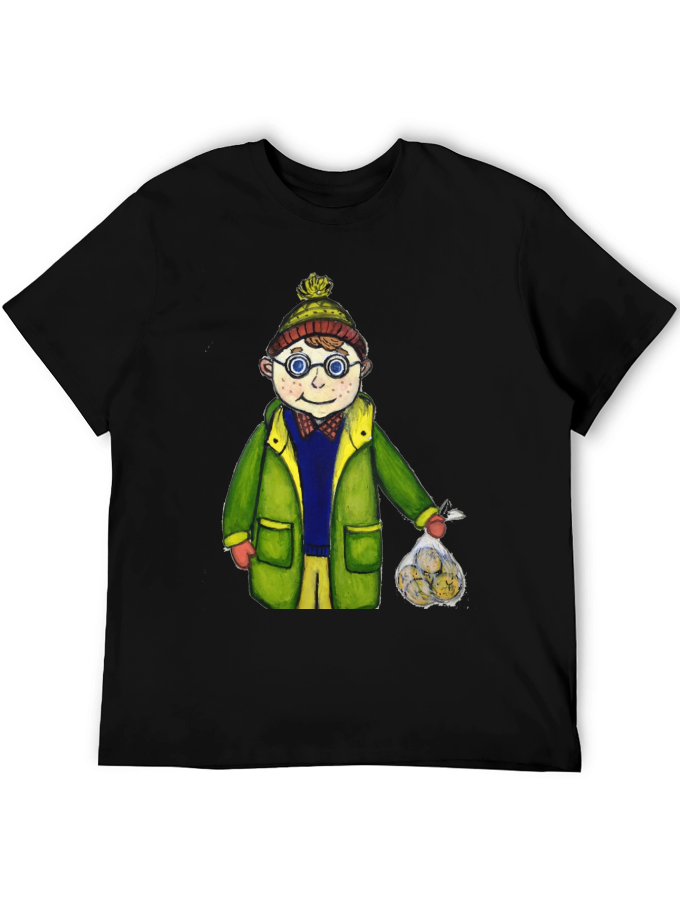 Fun Cartoon Boy in Winter Gear Black T-Shirt