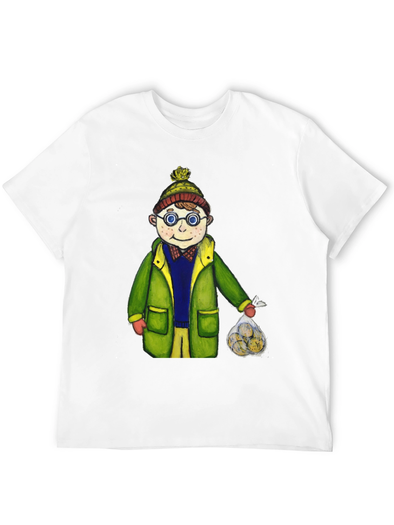 Fun Cartoon Boy in Winter Gear Black T-Shirt