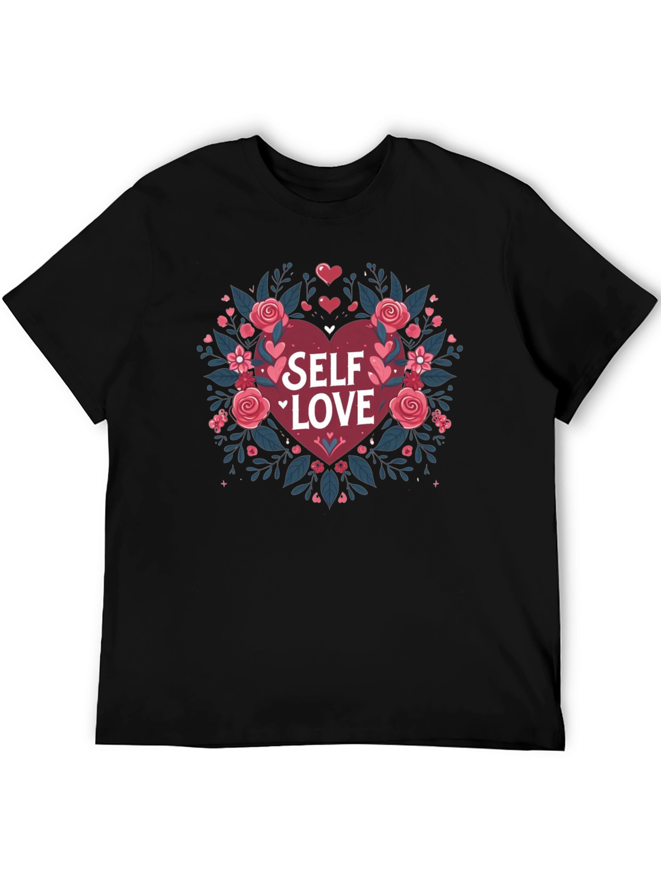 Self Love Heart Floral Graphic Black Tee