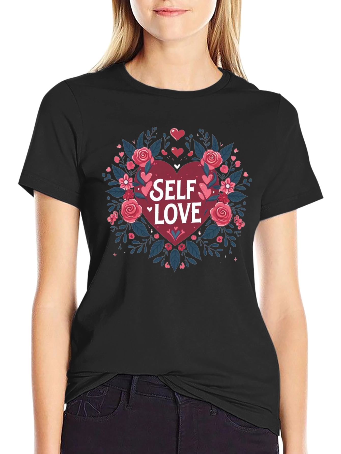 Self Love Heart Floral Graphic Black Tee