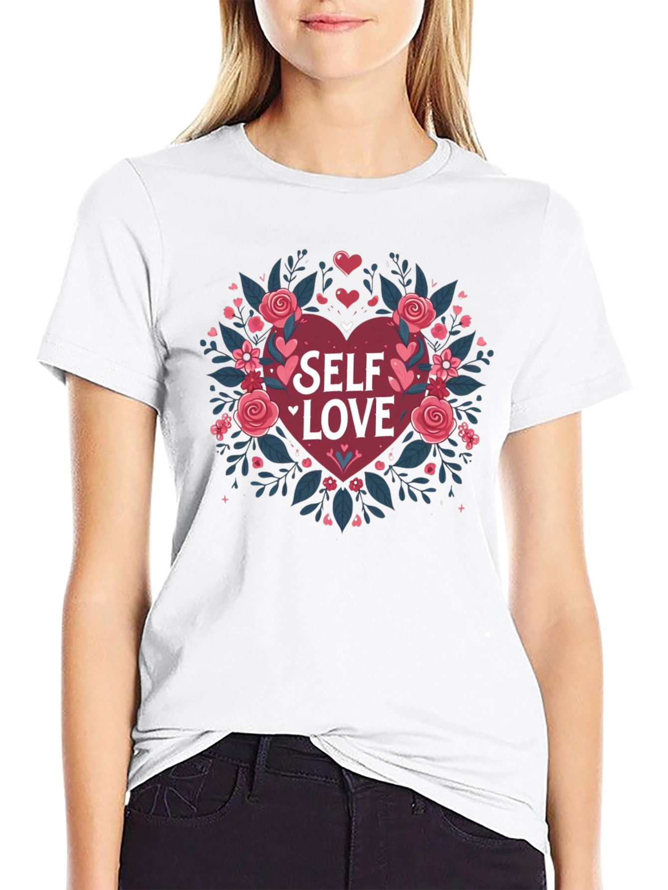 Self Love Heart Floral Graphic Black Tee