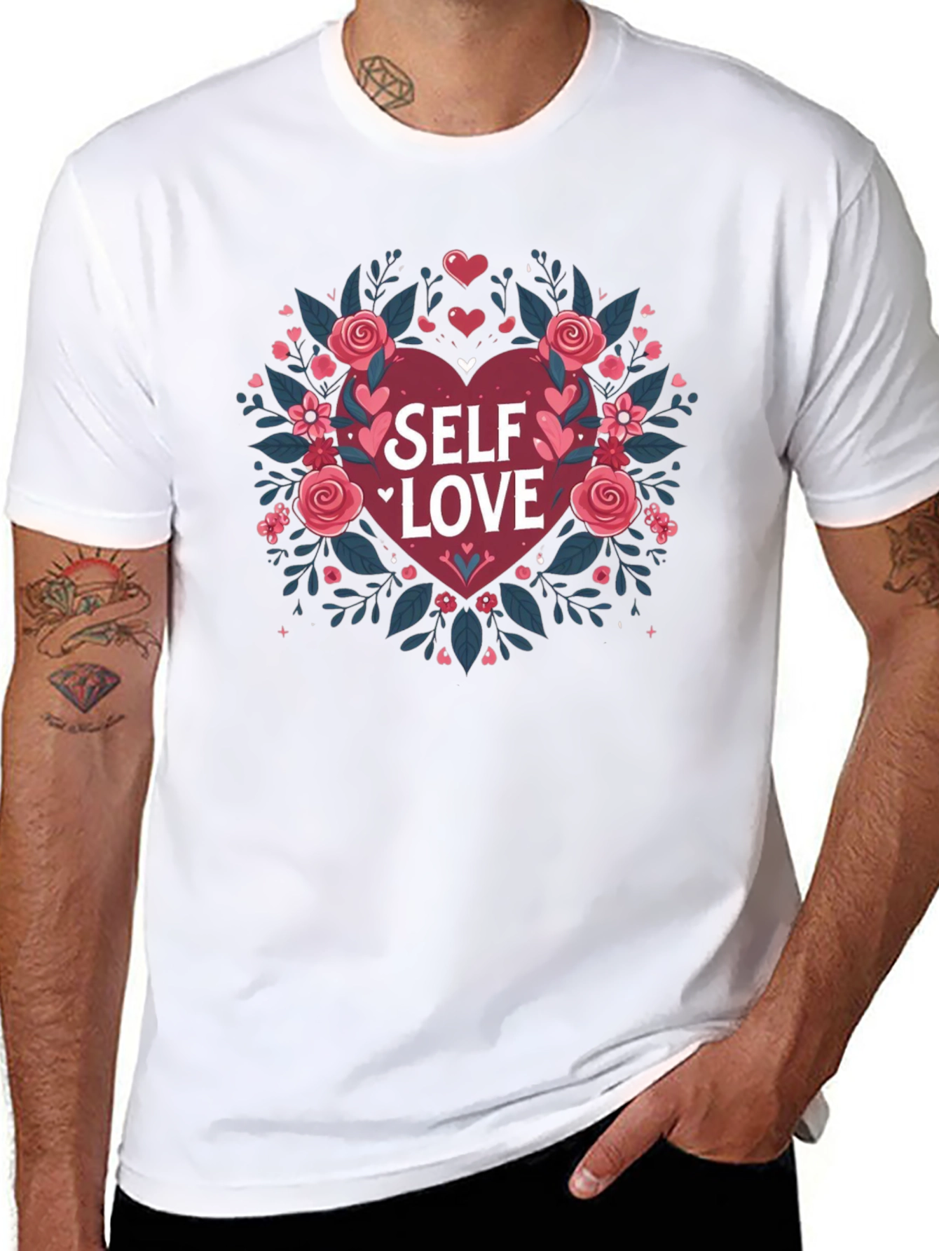 Self Love Heart Floral Graphic Black Tee