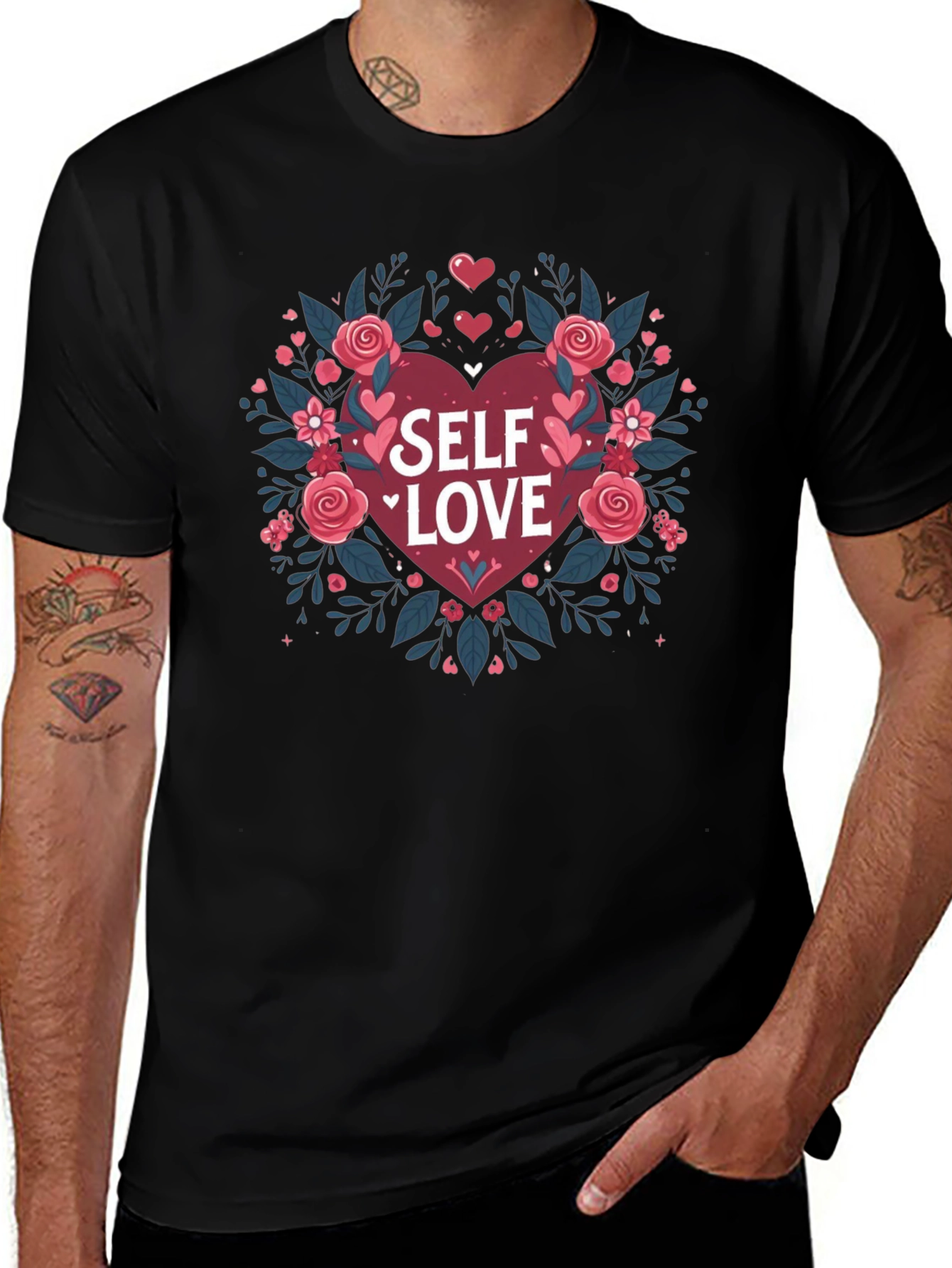 Self Love Heart Floral Graphic Black Tee