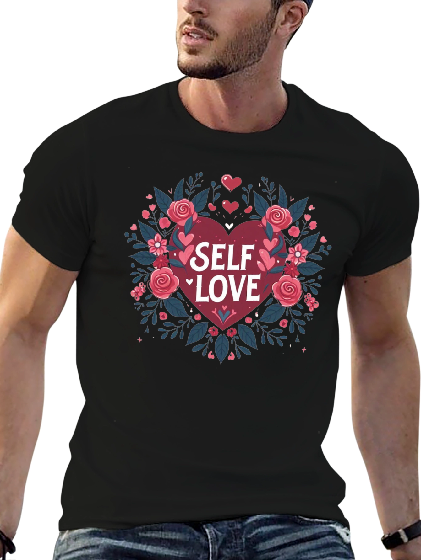 Self Love Heart Floral Graphic Black Tee