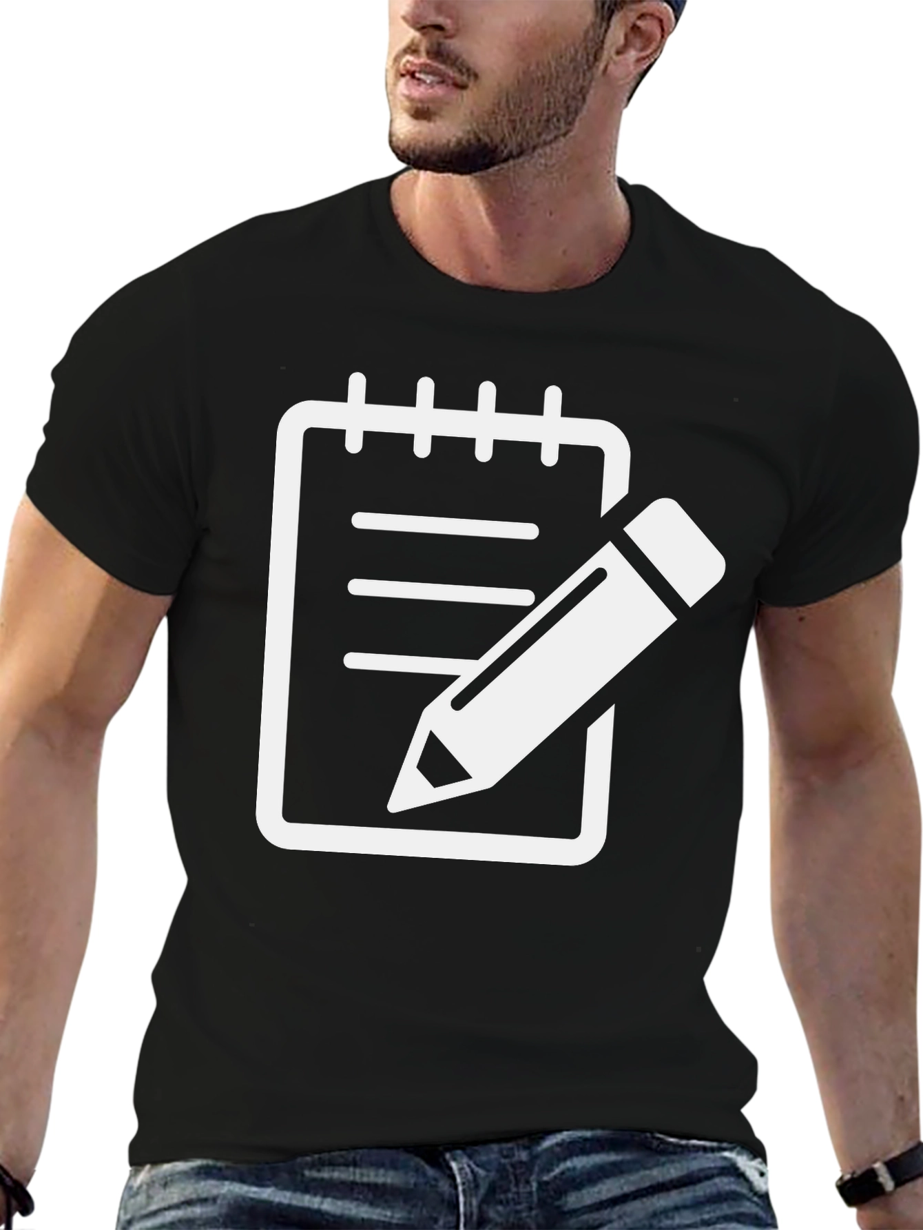 Notebook & Pencil Graphic Tee - Black Cotton Shirt