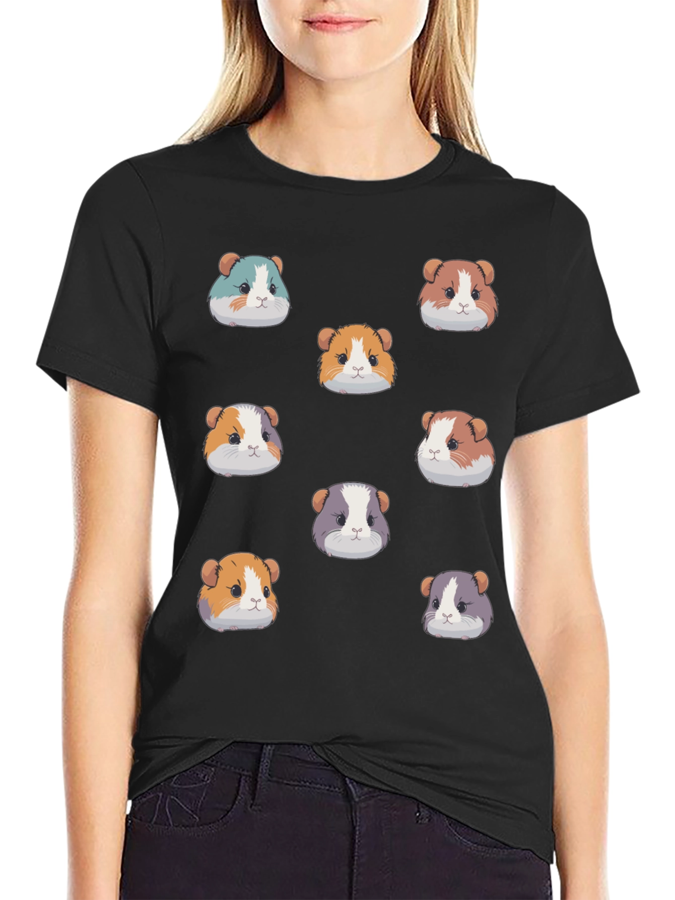 Guinea Pig Faces Pattern Black T-Shirt