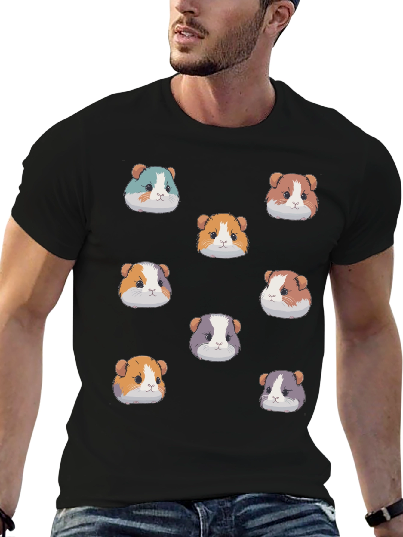 Guinea Pig Faces Pattern Black T-Shirt