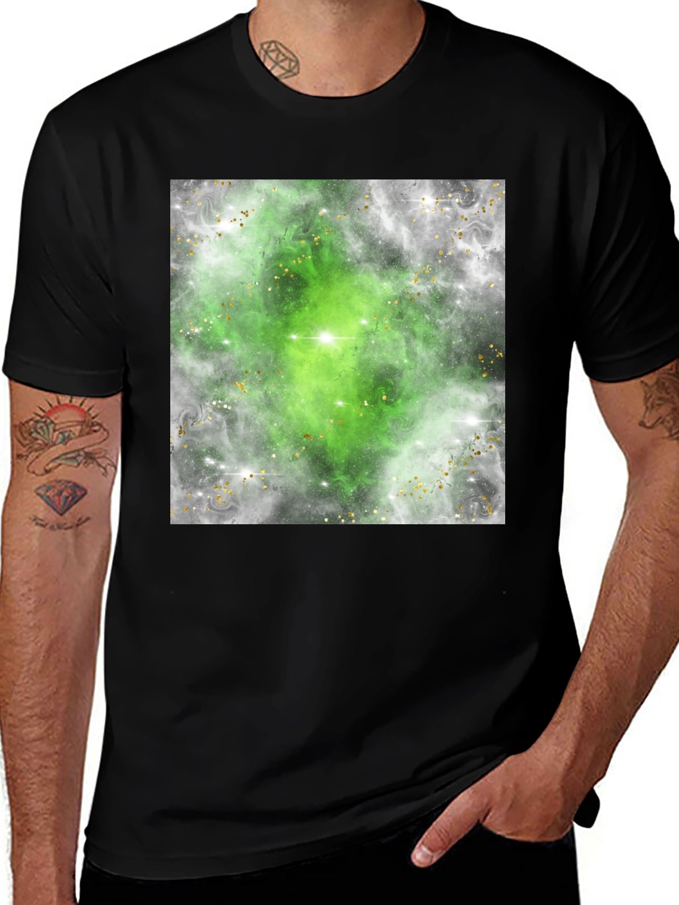 Green Nebula Graphic Tee - Black Cotton T-Shirt