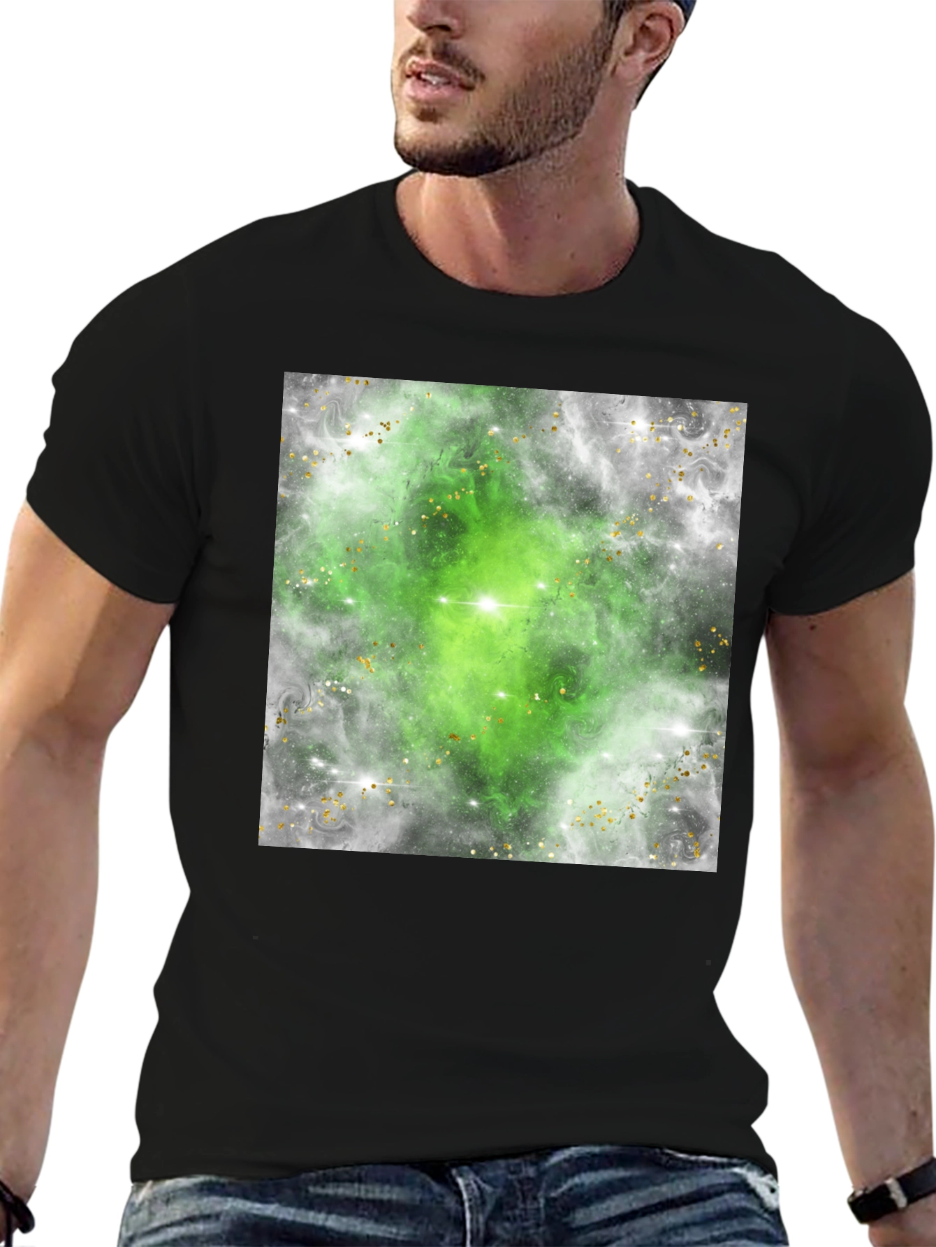 Green Nebula Graphic Tee - Black Cotton T-Shirt