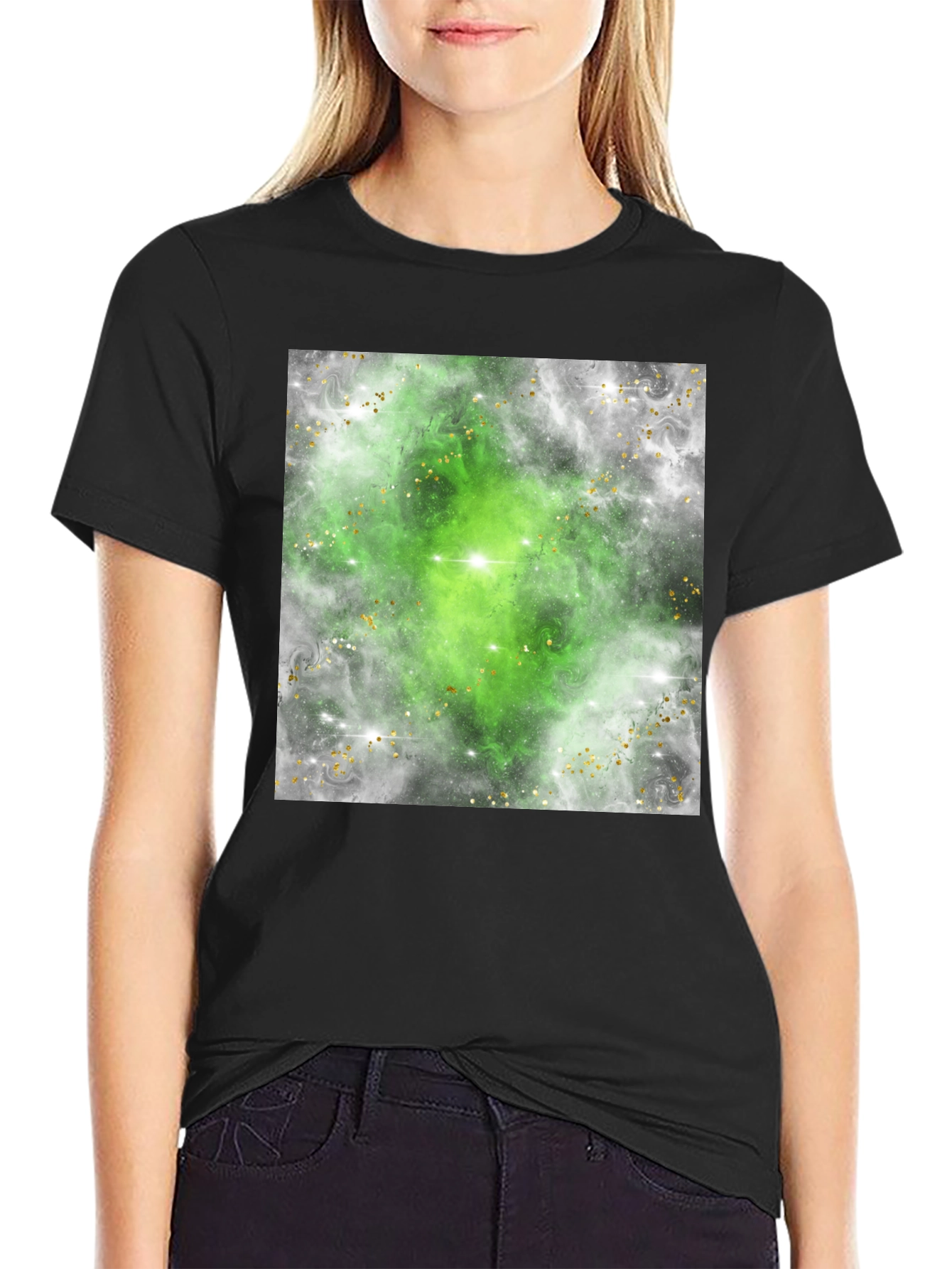 Green Nebula Graphic Tee - Black Cotton T-Shirt