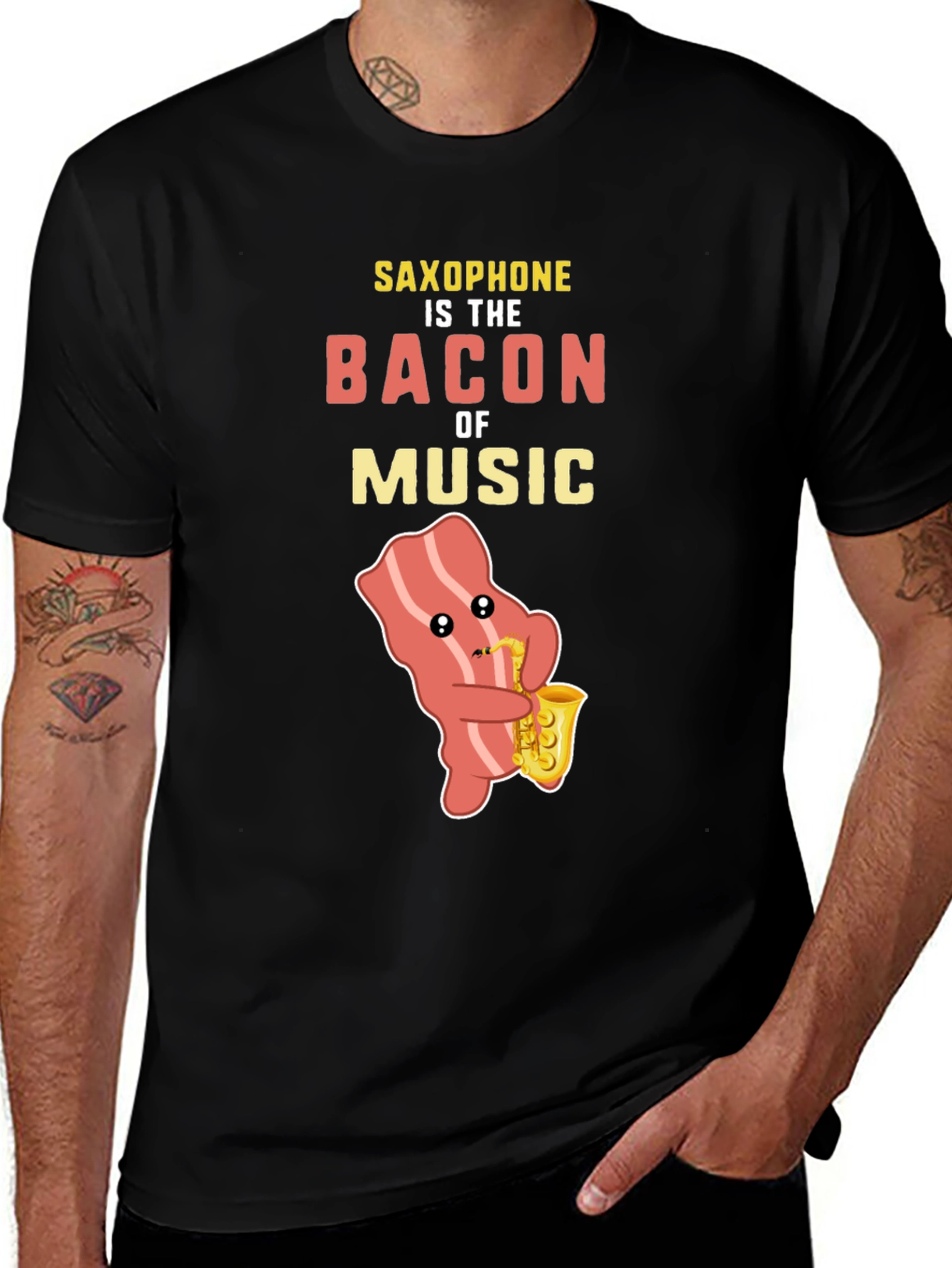 Saxophone Bacon Music T-Shirt Funny Musician Tee