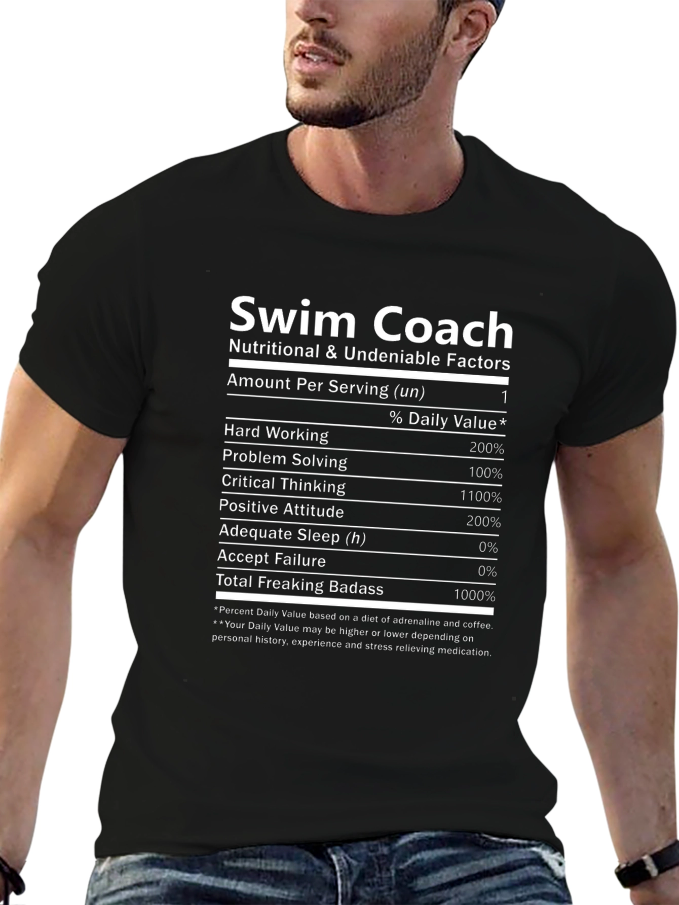 Swim Coach Nutrition Facts Black T-Shirt