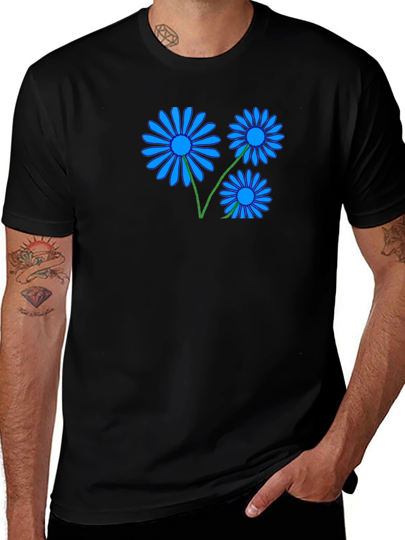 Black Tee with Blue Daisy Graphic