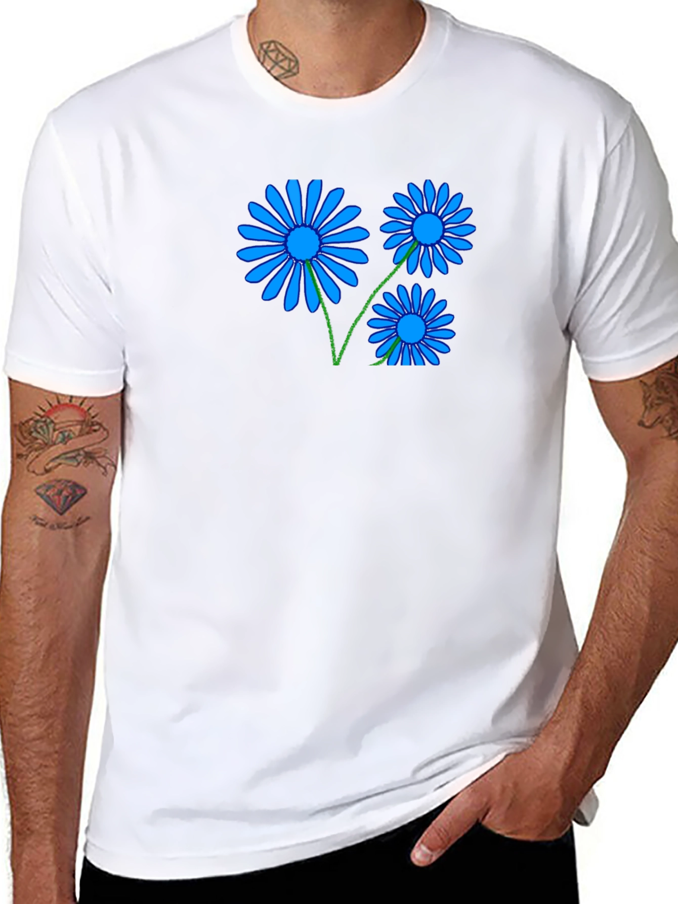 Black Tee with Blue Daisy Graphic
