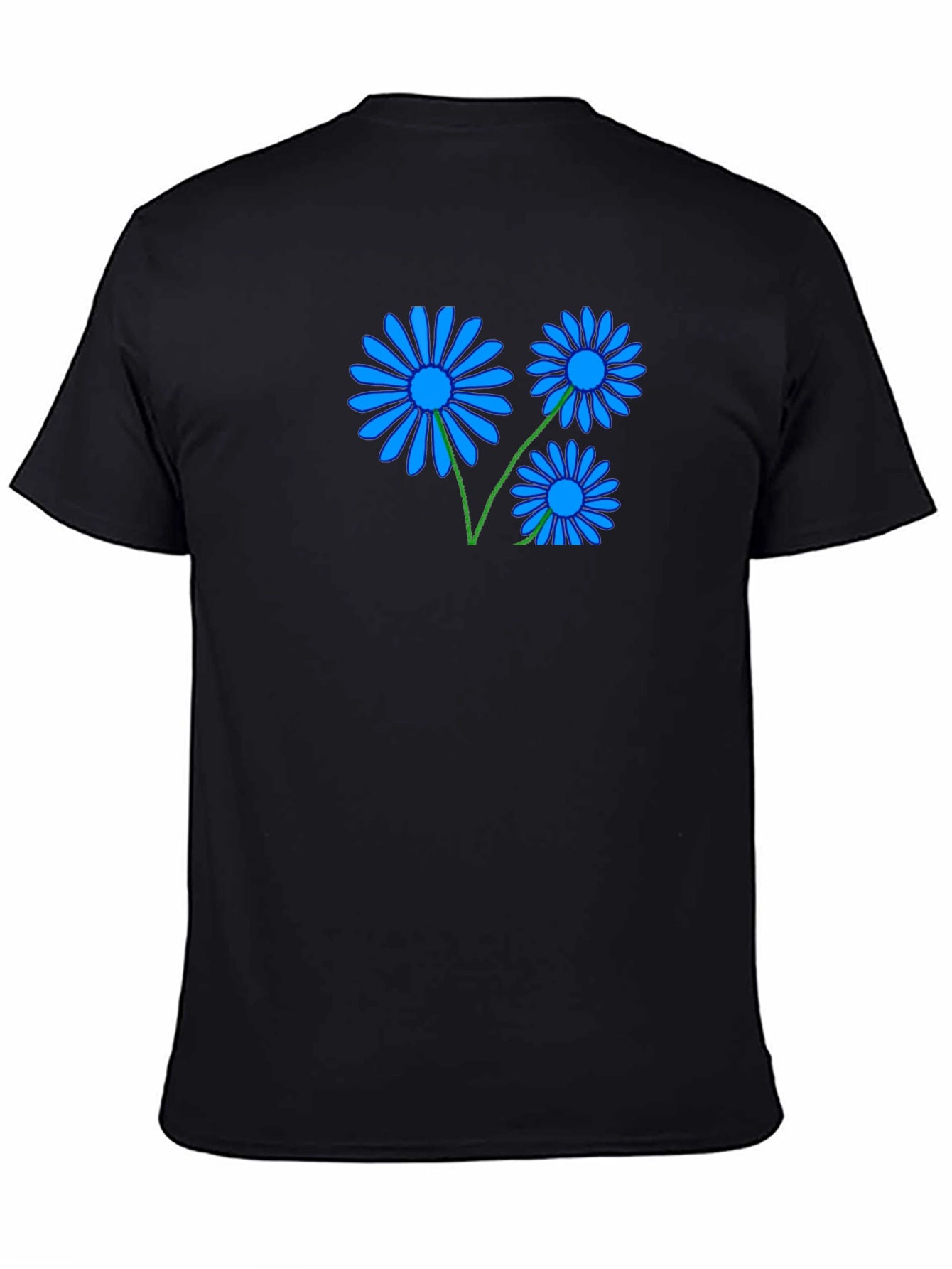 Black Tee with Blue Daisy Graphic