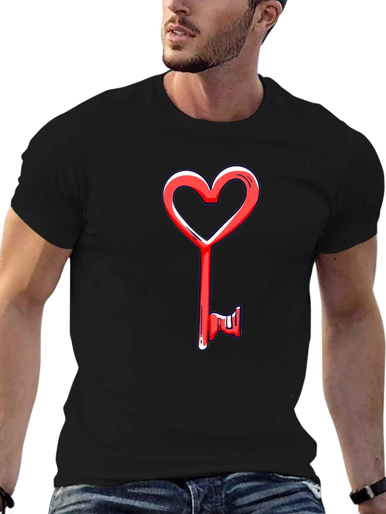 Heart Key Graphic Tee - Black Cotton Casual