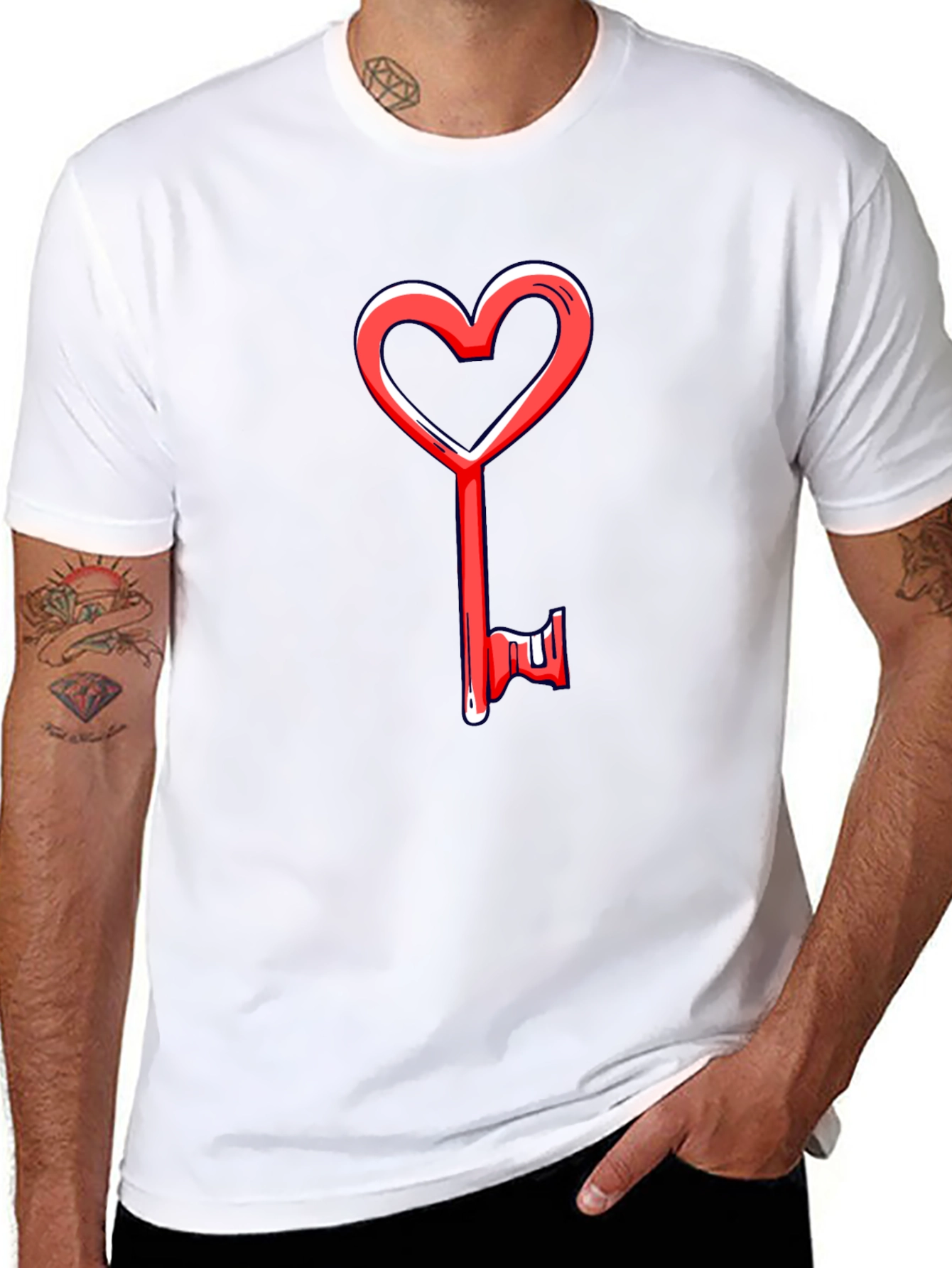 Heart Key Graphic Tee - Black Cotton Casual