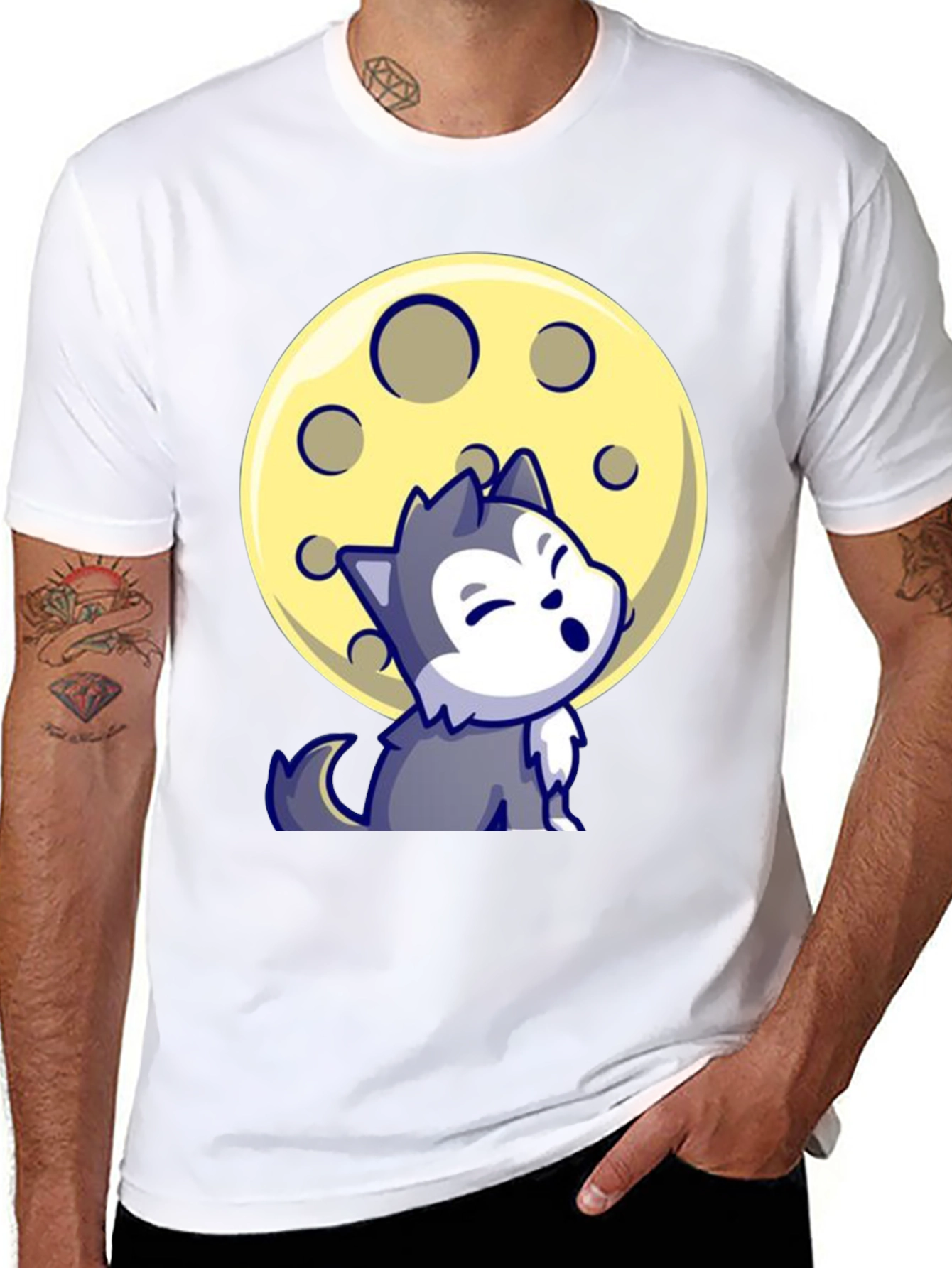 Cartoon Wolf Moon Graphic Tee - Black T-Shirt