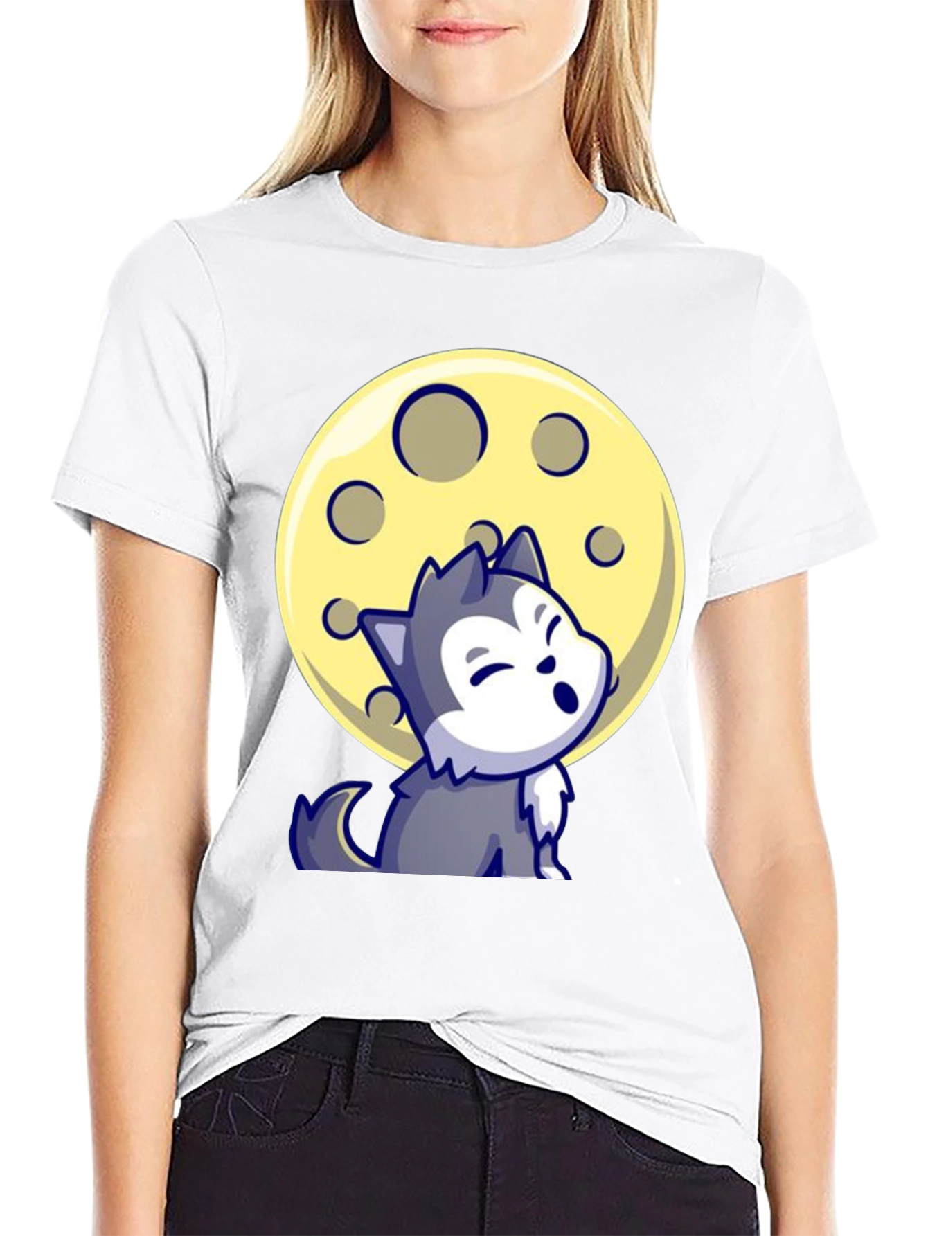 Cartoon Wolf Moon Graphic Tee - Black T-Shirt