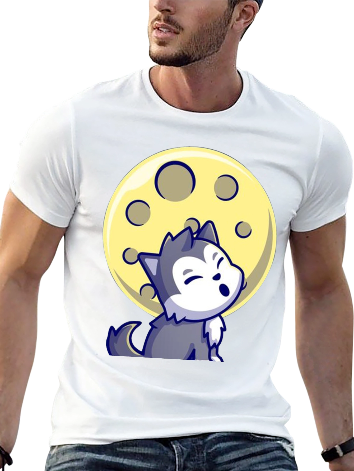 Cartoon Wolf Moon Graphic Tee - Black T-Shirt