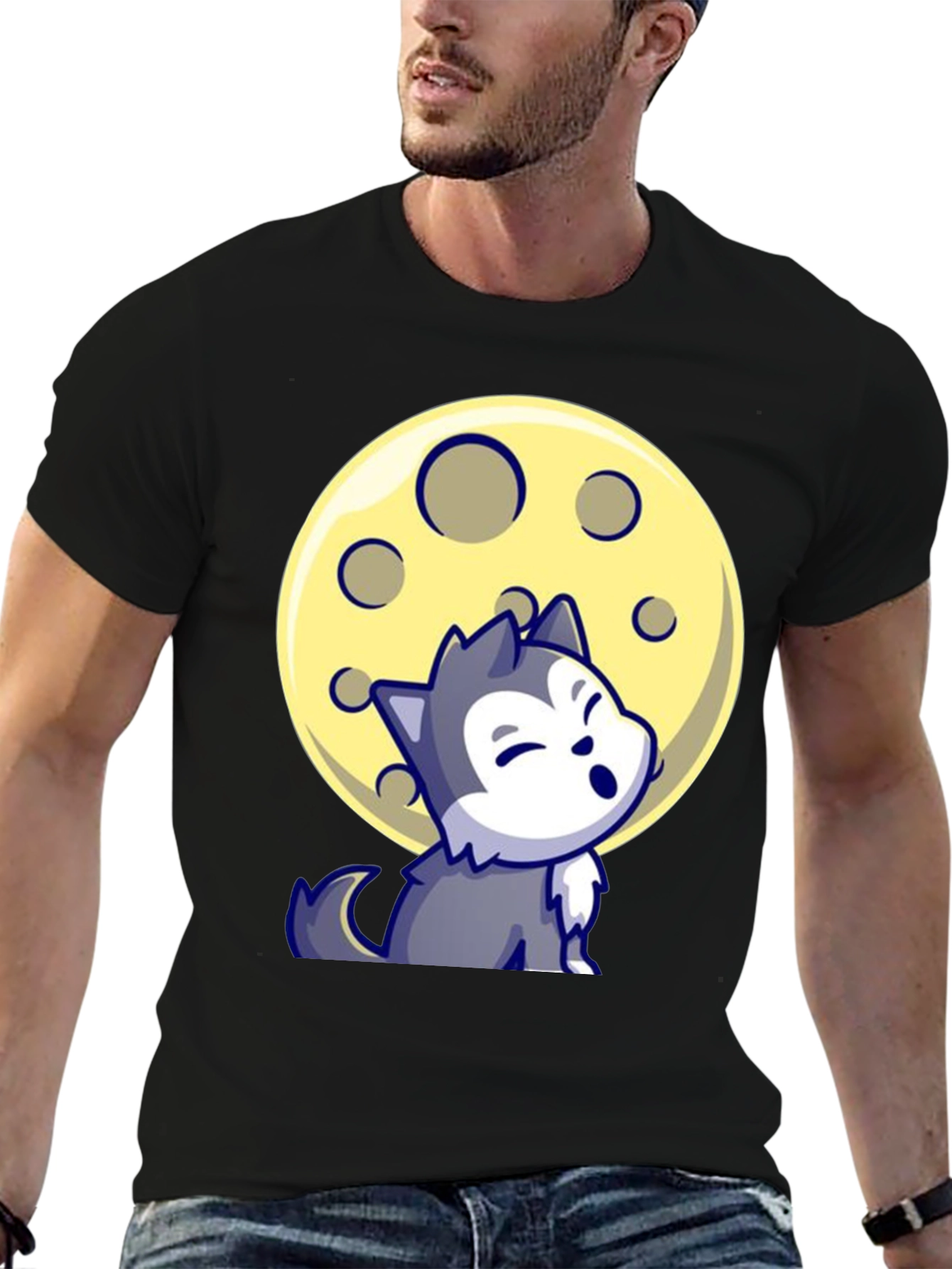 Cartoon Wolf Moon Graphic Tee - Black T-Shirt