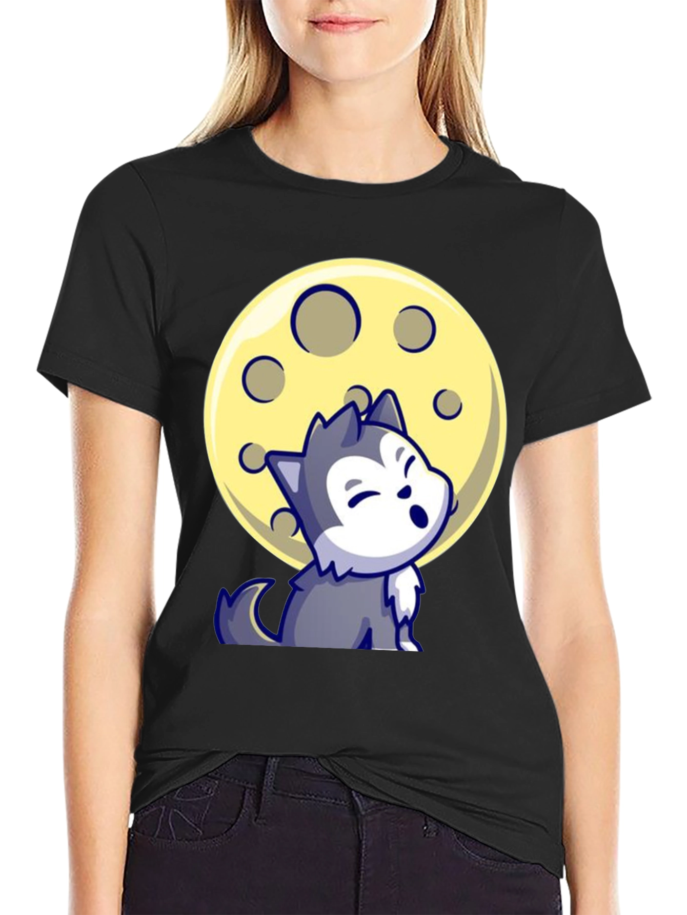 Cartoon Wolf Moon Graphic Tee - Black T-Shirt