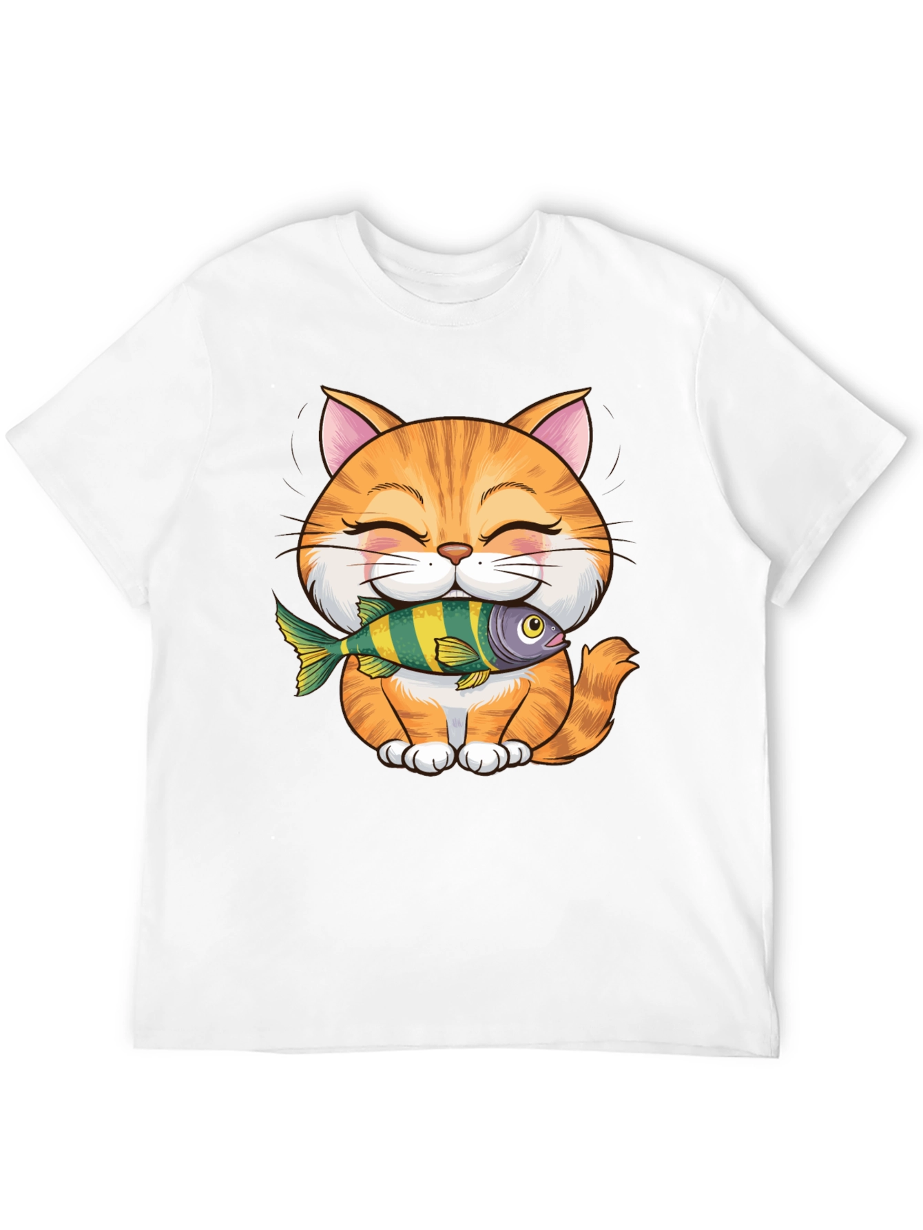 Cute Cat with Fish Graphic T-Shirt