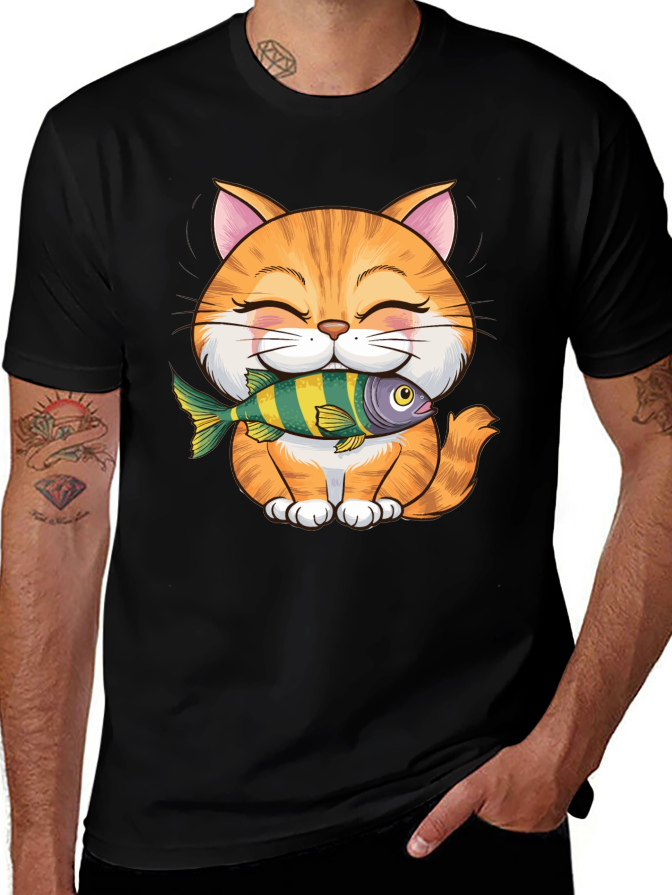 Cute Cat with Fish Graphic T-Shirt