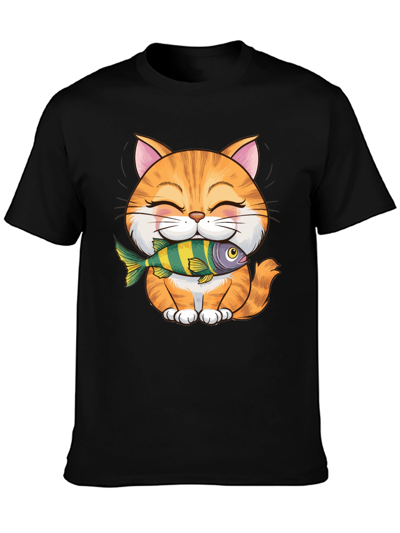 Cute Cat with Fish Graphic T-Shirt